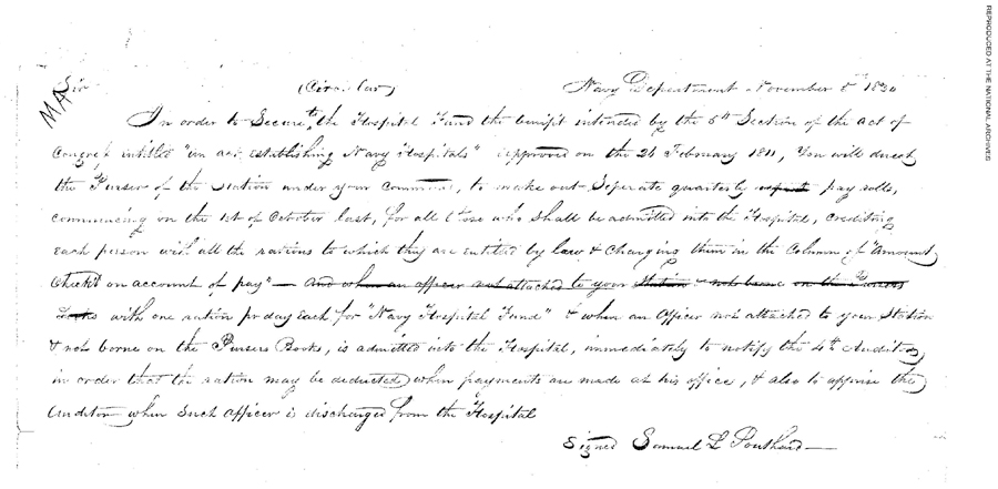 Circular dated November 5, 1830, providing direction to Pursers regarding the act establishing Navy Hospitals
