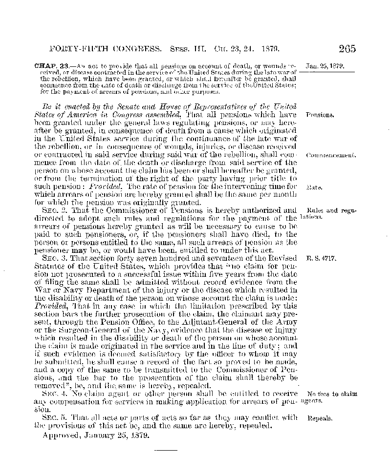 This is a copy of the Act of Congress referred to by Benjamin Drummond in the  letter he wrote on March 31, 1879, in which he applys for payment of the arrears of pension.