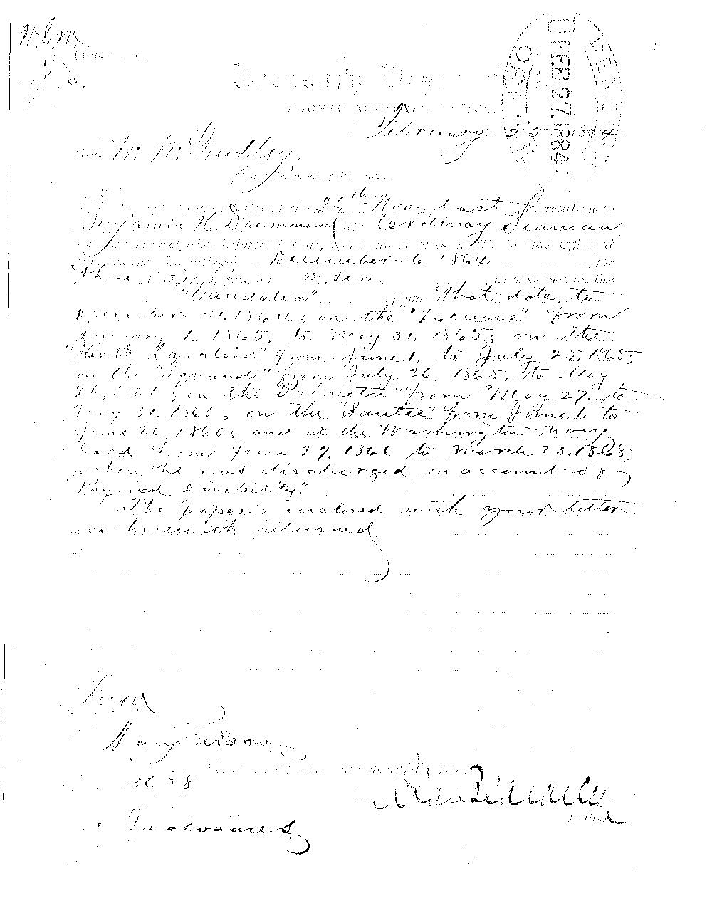 During his first enlistment, from November 4, 1861 to 1864, Drummond served aboard the 
USS Ohio (November 4, 1861 to November 30, 1861), the USS Portsmouth (December 1, 1861 to 
February 2, 1862), the USS North Carolina (February 3 to March 19, 1862), and the 
USS Morning Light (March 20, 1862, to January 17, 1863, when he was captured). 
After escaping he rowed out into the Gulf of Mexico and was transported to the Naval Hospital 
in New Orleans aboard the USS Tennessee, and following release from the Hospital he served 
aboard the USS Fear Not (January 7, 1864 to November 11, 1864).