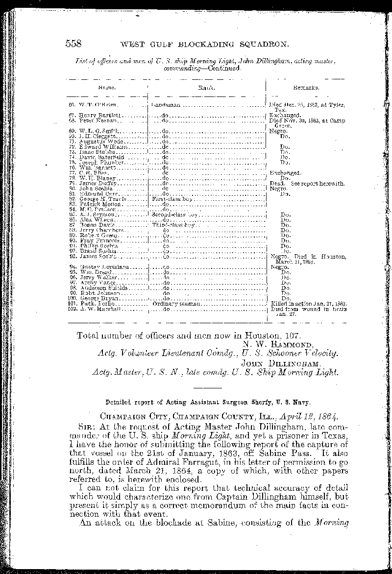 Report of Acting Master Dillingha, U. S. Navy, late commanding U. S. ship Morning Light, 
to Commodore H. H. Bell