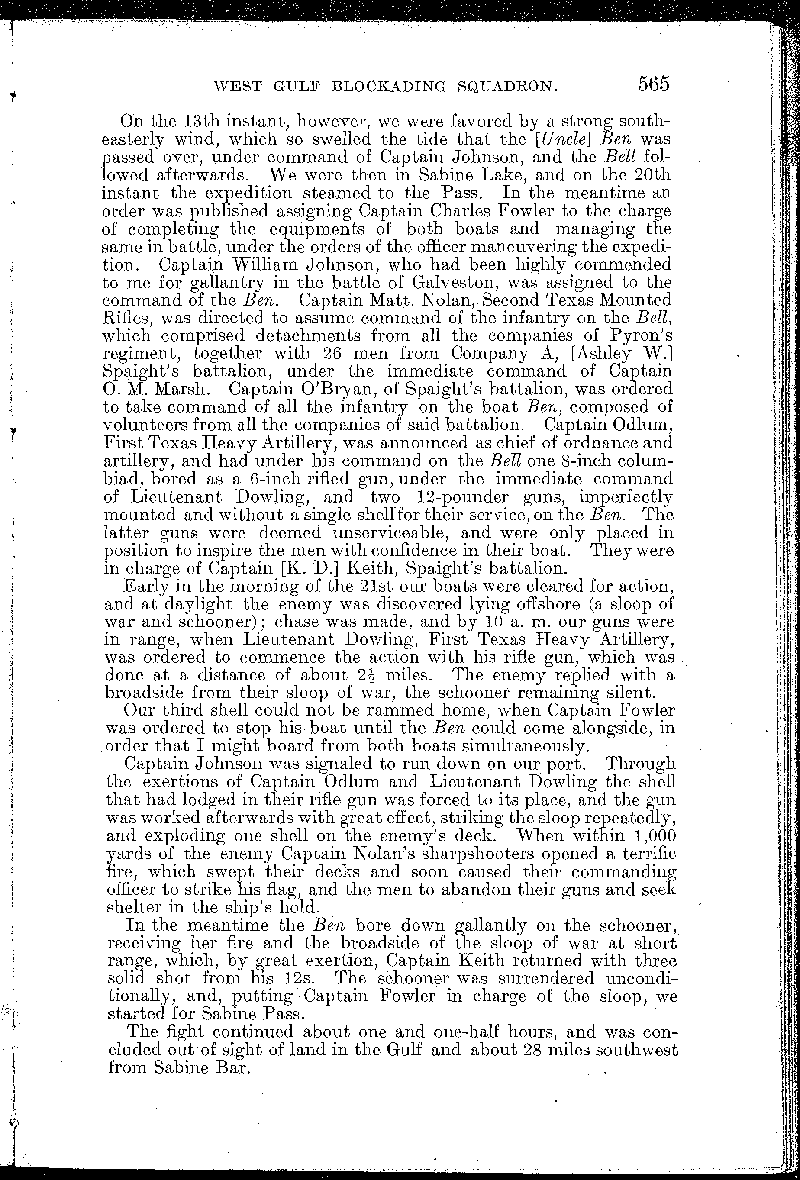 Detailed report of Major Watkins, C. S. Army,  commanding on the Sabine River to Captain E. P. Turner, Assistant Adjutant-General, of the capture  of the Morning Light by forces under his command (Page 2 of 3 pages). This report is in Volume 19  of the Official Records of the Union and Confederate Navies in the War of the Rebellion.