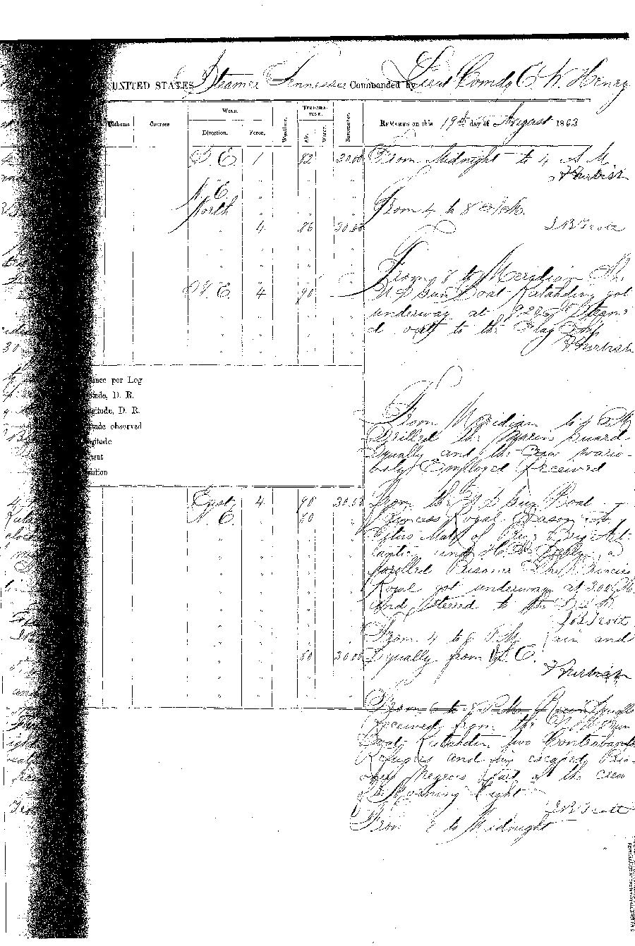 On August 19, 1863, having somehow escaping from his Confederate captors, Benjamin 
Drummond rowed out into the Gulf of Mexico and was taken aboard the USS Gunboat Katahdin. 
The logbook of the Katahdin noted that Drummond was one of the  former crewmembers of the 
U.S.S. Morning Light, that had been captured and burned  some months since. This is a digital 
copy of a record held by the National Archives.