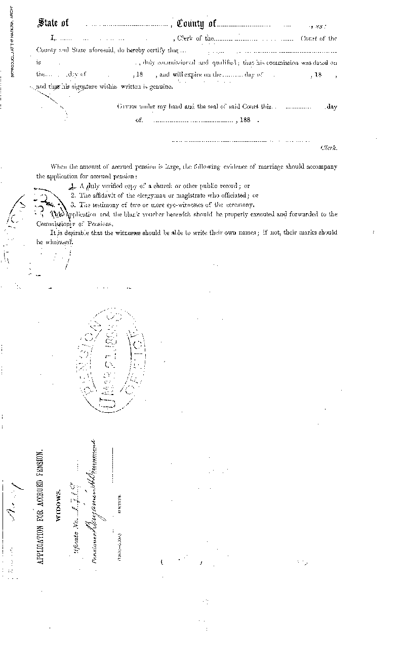 On October 30, 1883, Laura Drummond filed this Widow's Declaration for Pension or 
Increase of Pension. In it she states that their son, Benjamin W. Drummond, was born on 
May 14, 1876. It also tells us that Laura Drummond was illiterate, because witnesses attest 
that they saw her make her mark rather than sign her name. At this time she lived at No. 
253 West 28th Street, New York City. This is a digital copy of the original record held 
by the National Archives.