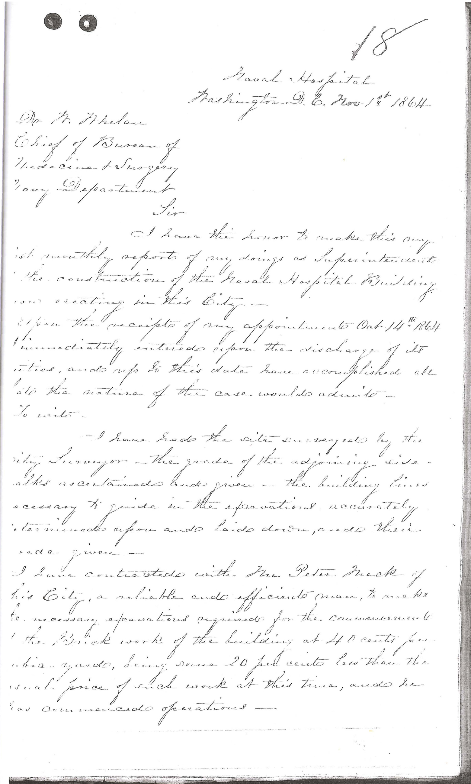 Monthly Report of the Superintendent of Construction, November 1, 1864, Page 1 of 3