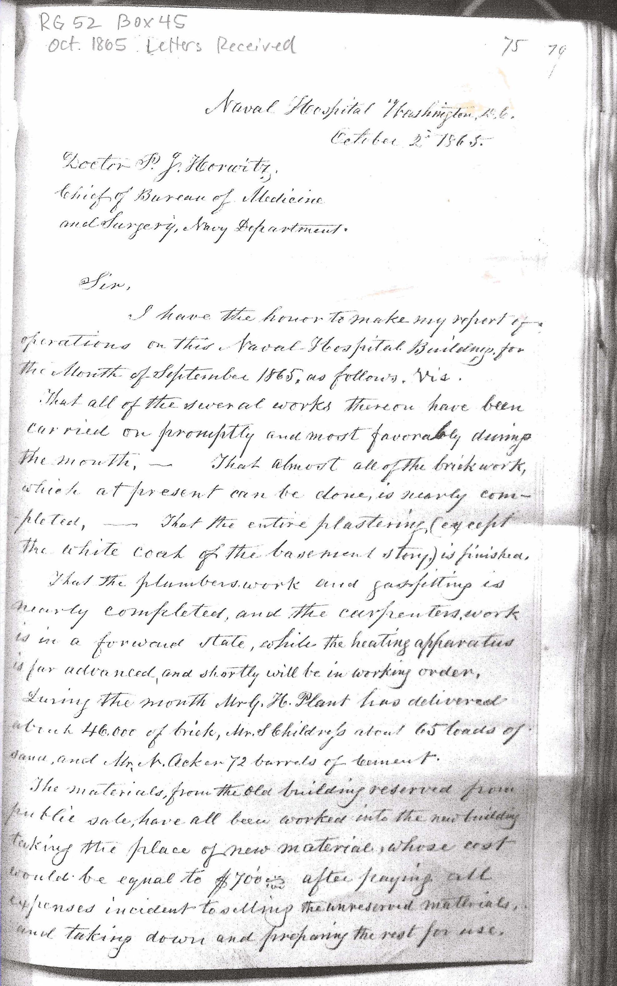 Monthly Report of the Superintendent of Construction, October 2, 1865, Page 1 of 4