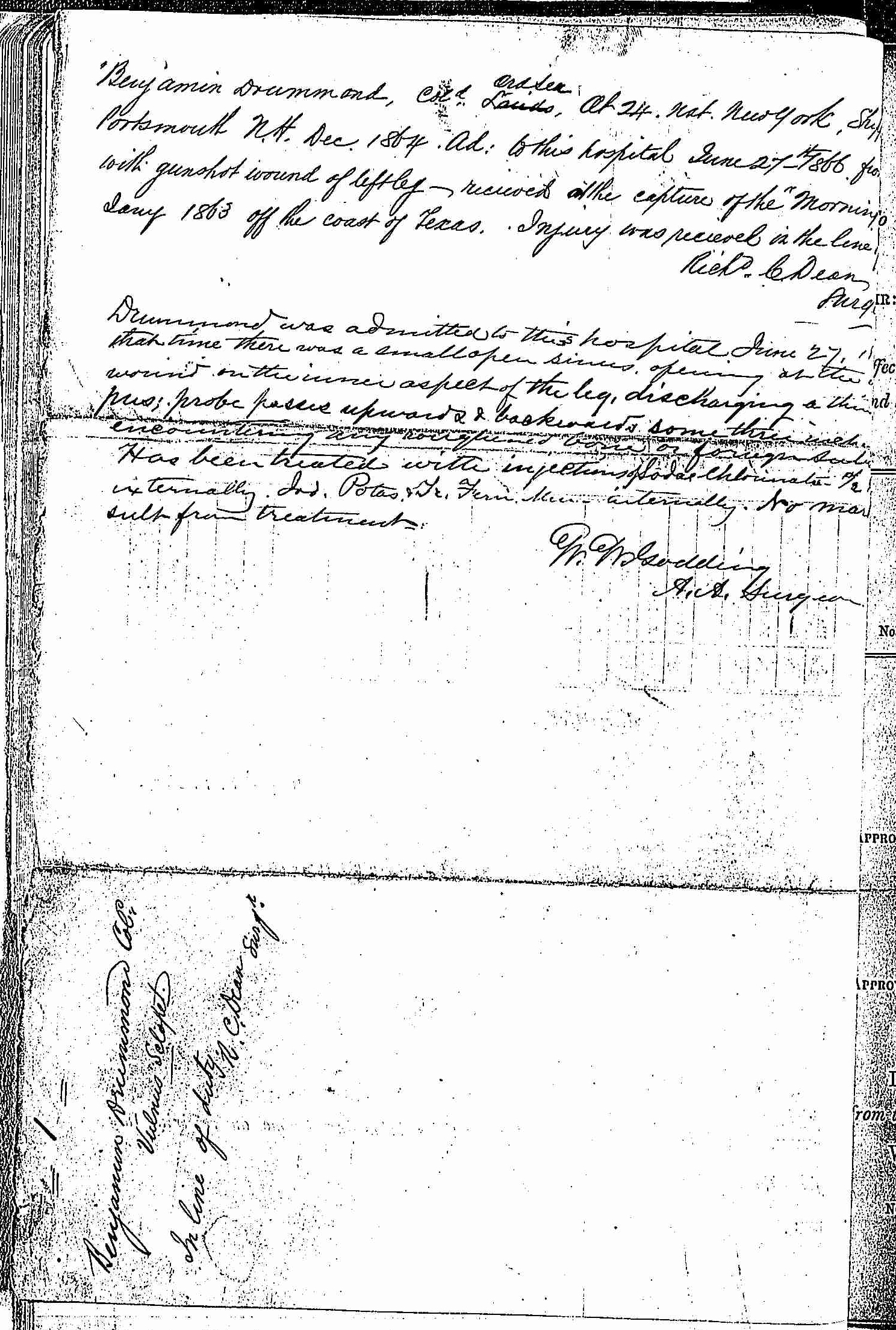 Entry for Benjamin Drummond (page 2 of 2) in the log Hospital Tickets and Case Papers - Naval Hospital - Washington, D.C. - 1865-68