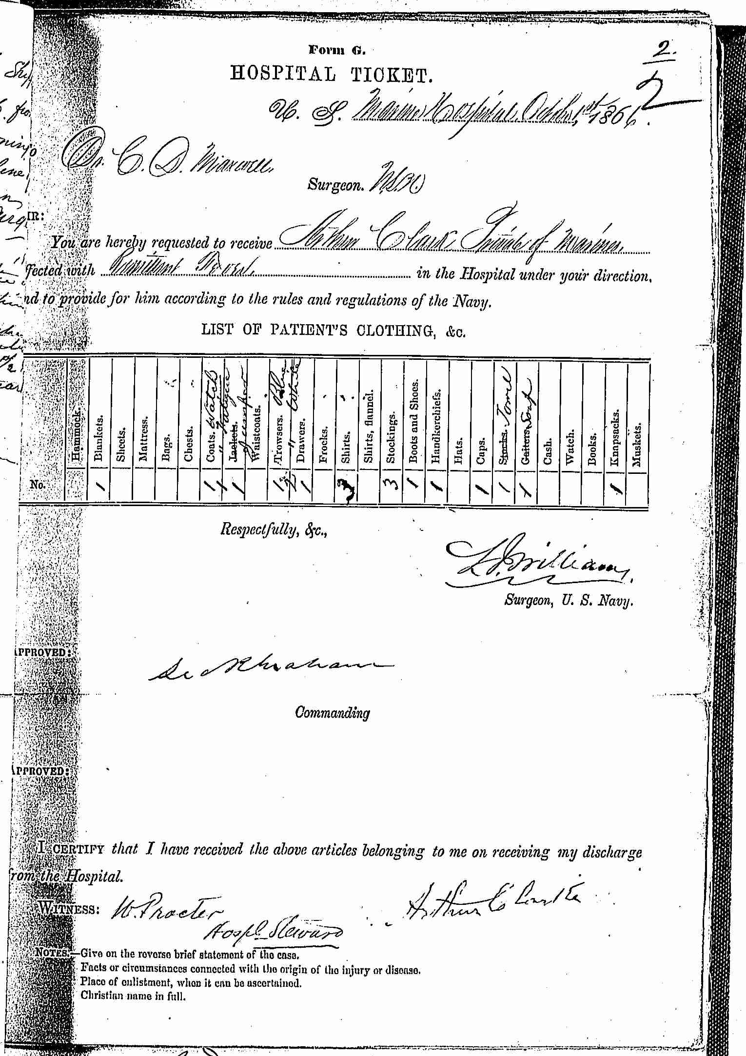 Entry for Arthur Clark (page 1 of 2) in the log Hospital Tickets and Case Papers - Naval Hospital - Washington, D.C. - 1865-68