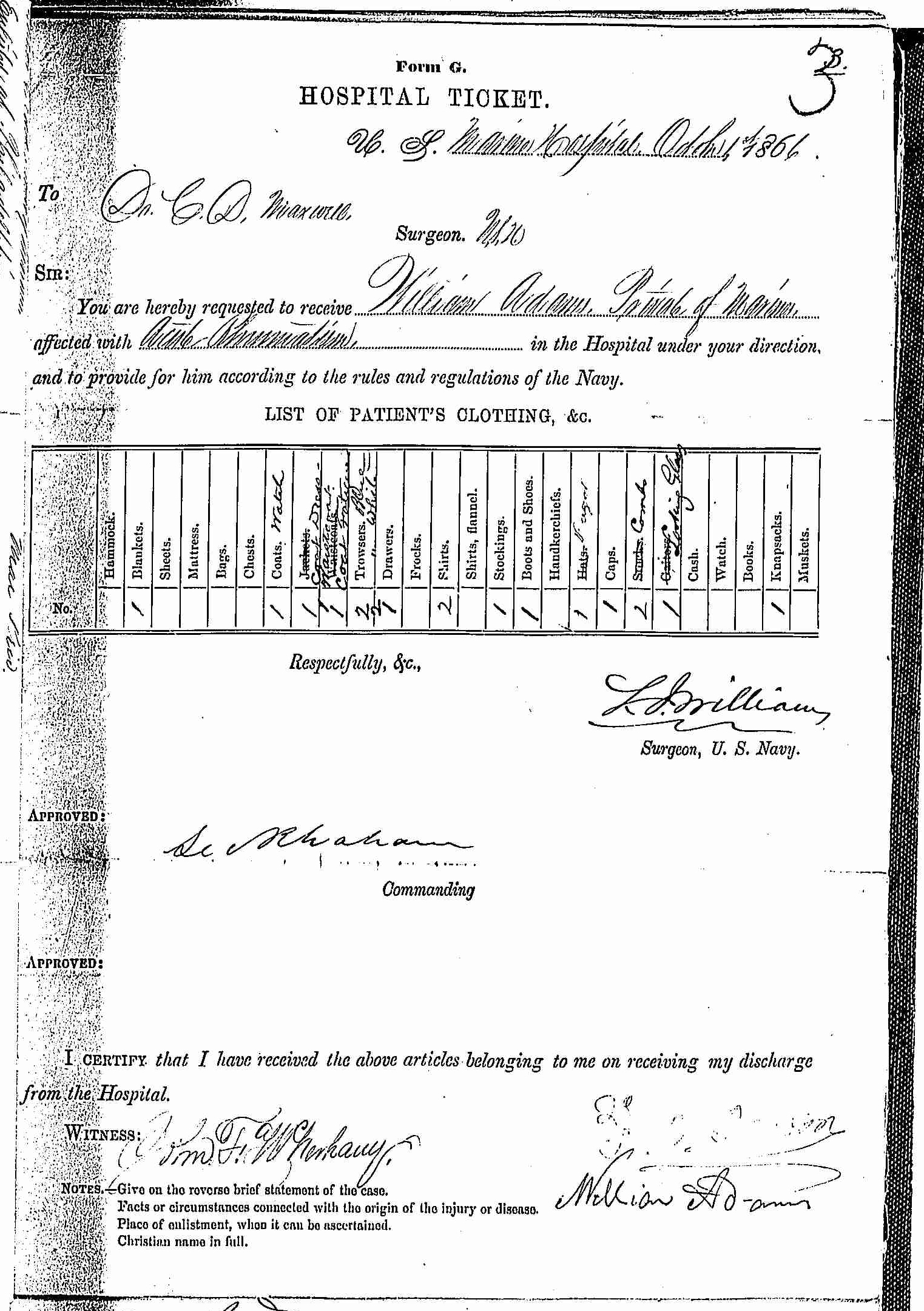 Entry for William Adams (page 1 of 2) in the log Hospital Tickets and Case Papers - Naval Hospital - Washington, D.C. - 1865-68