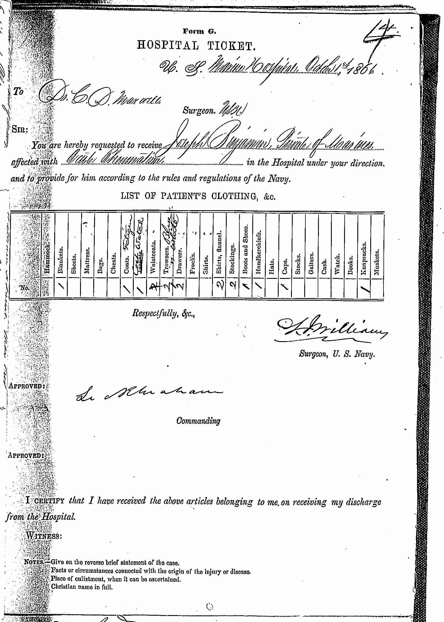 Entry for Joseph Benjamin (first admission page 1 of 2) in the log Hospital Tickets and Case Papers - Naval Hospital - Washington, D.C. - 1865-68