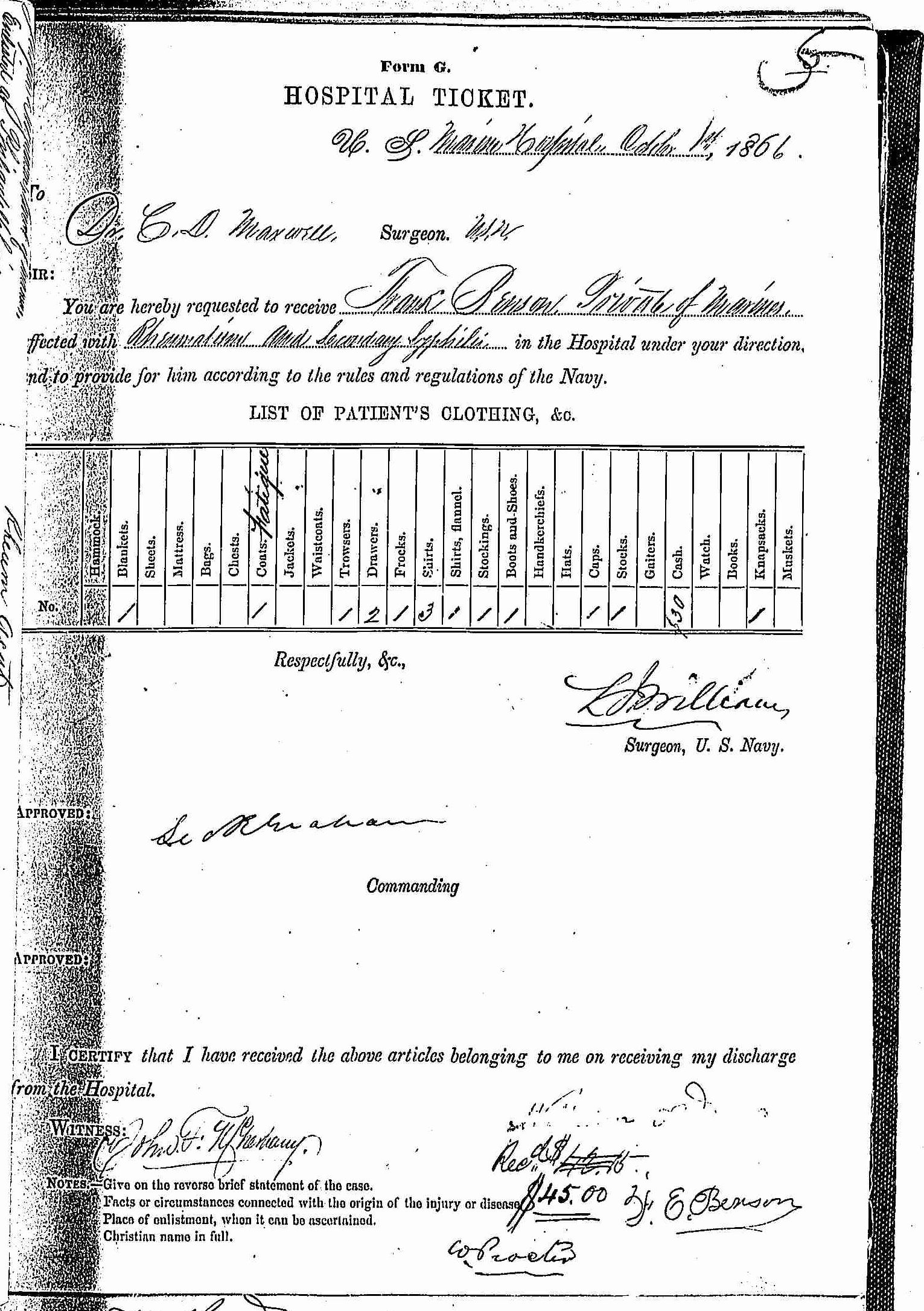 Entry for Frank Benson (page 1 of 2) in the log Hospital Tickets and Case Papers - Naval Hospital - Washington, D.C. - 1865-68