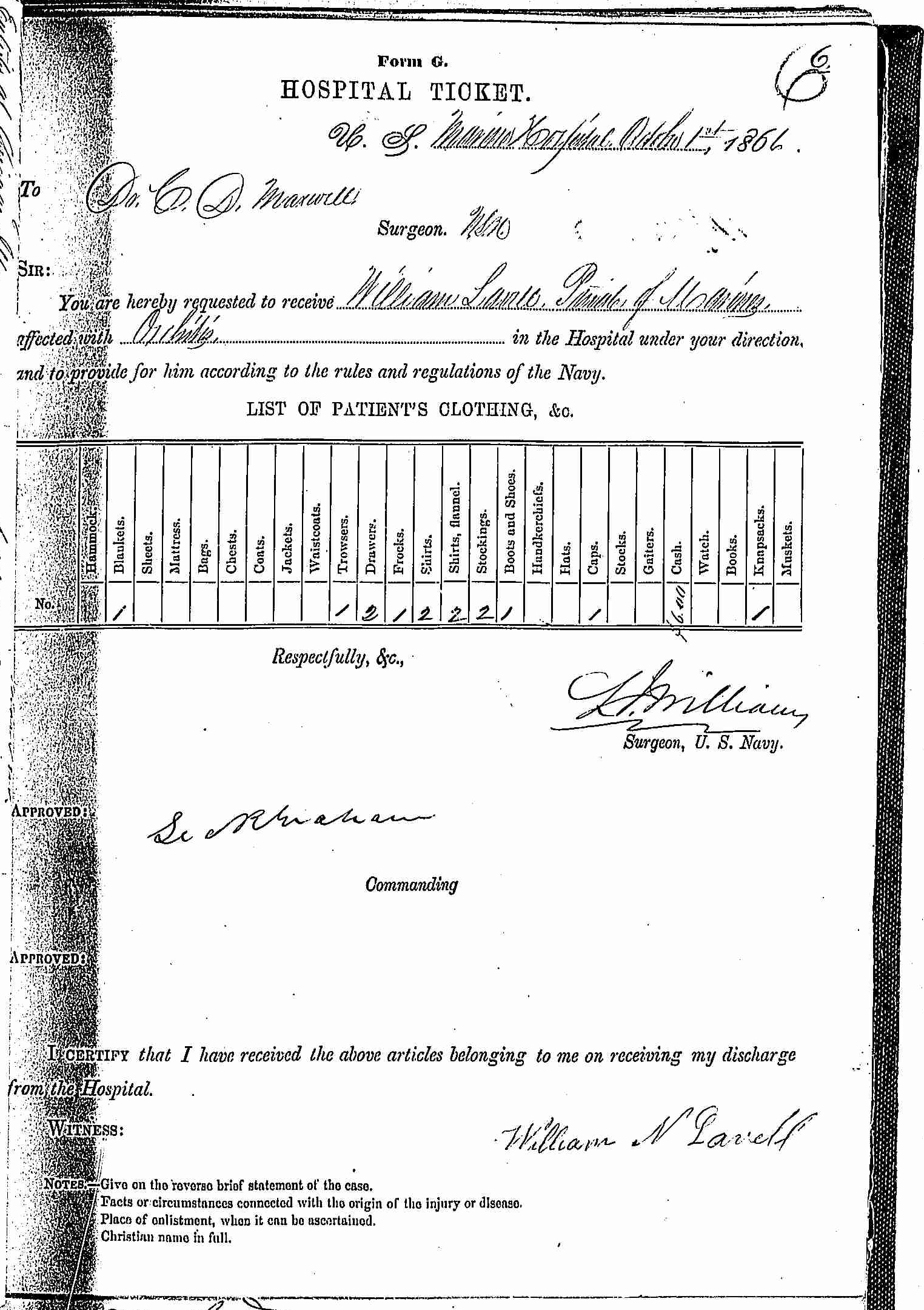 Entry for William Lavell (page 1 of 2) in the log Hospital Tickets and Case Papers - Naval Hospital - Washington, D.C. - 1865-68