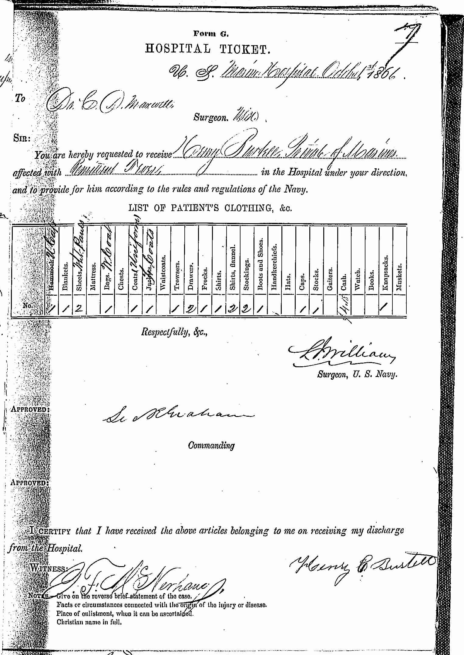 Entry for Henry Burtell (page 1 of 2) in the log Hospital Tickets and Case Papers - Naval Hospital - Washington, D.C. - 1865-68