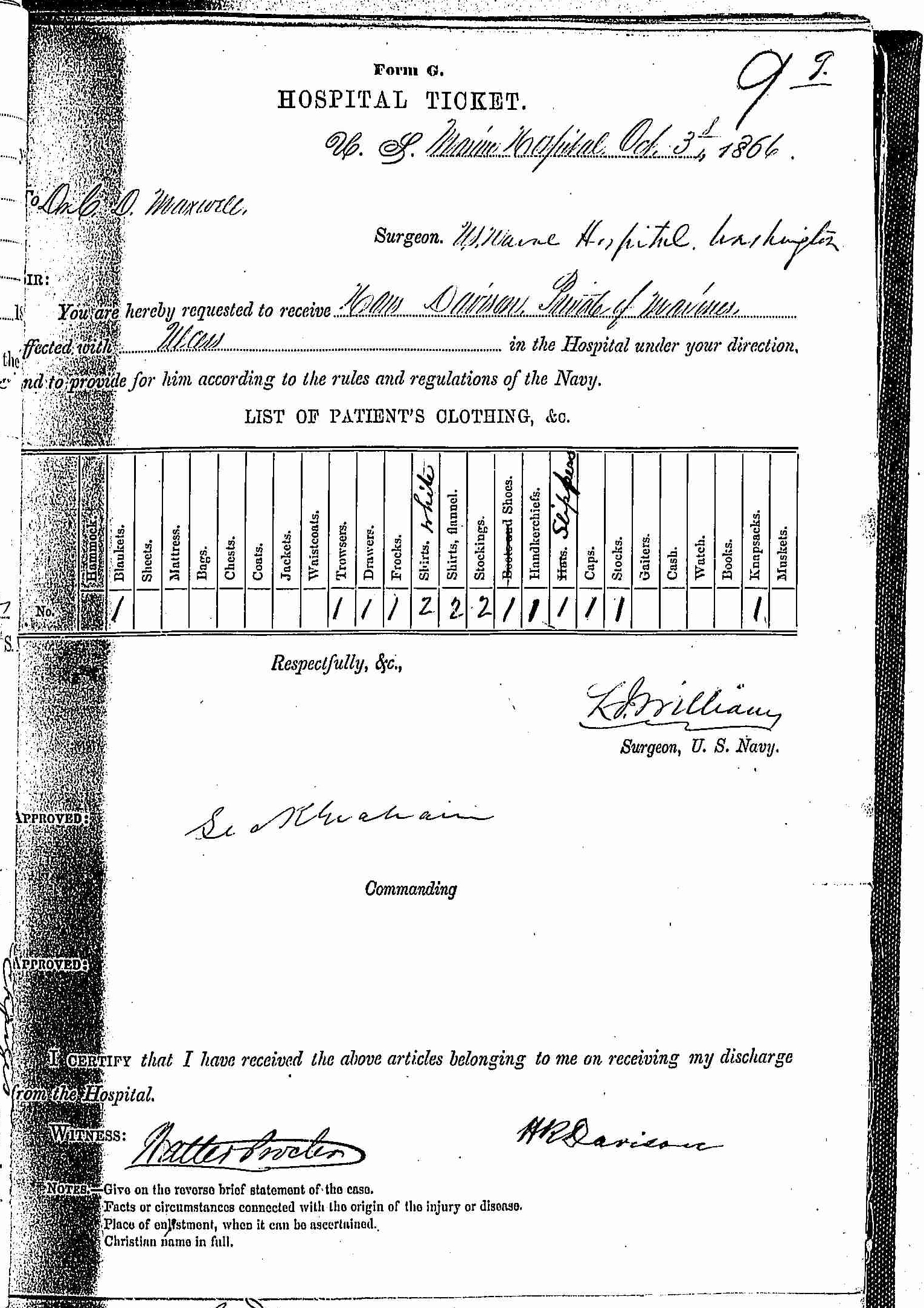 Entry for Haus Davison (page 1 of 2) in the log Hospital Tickets and Case Papers - Naval Hospital - Washington, D.C. - 1865-68