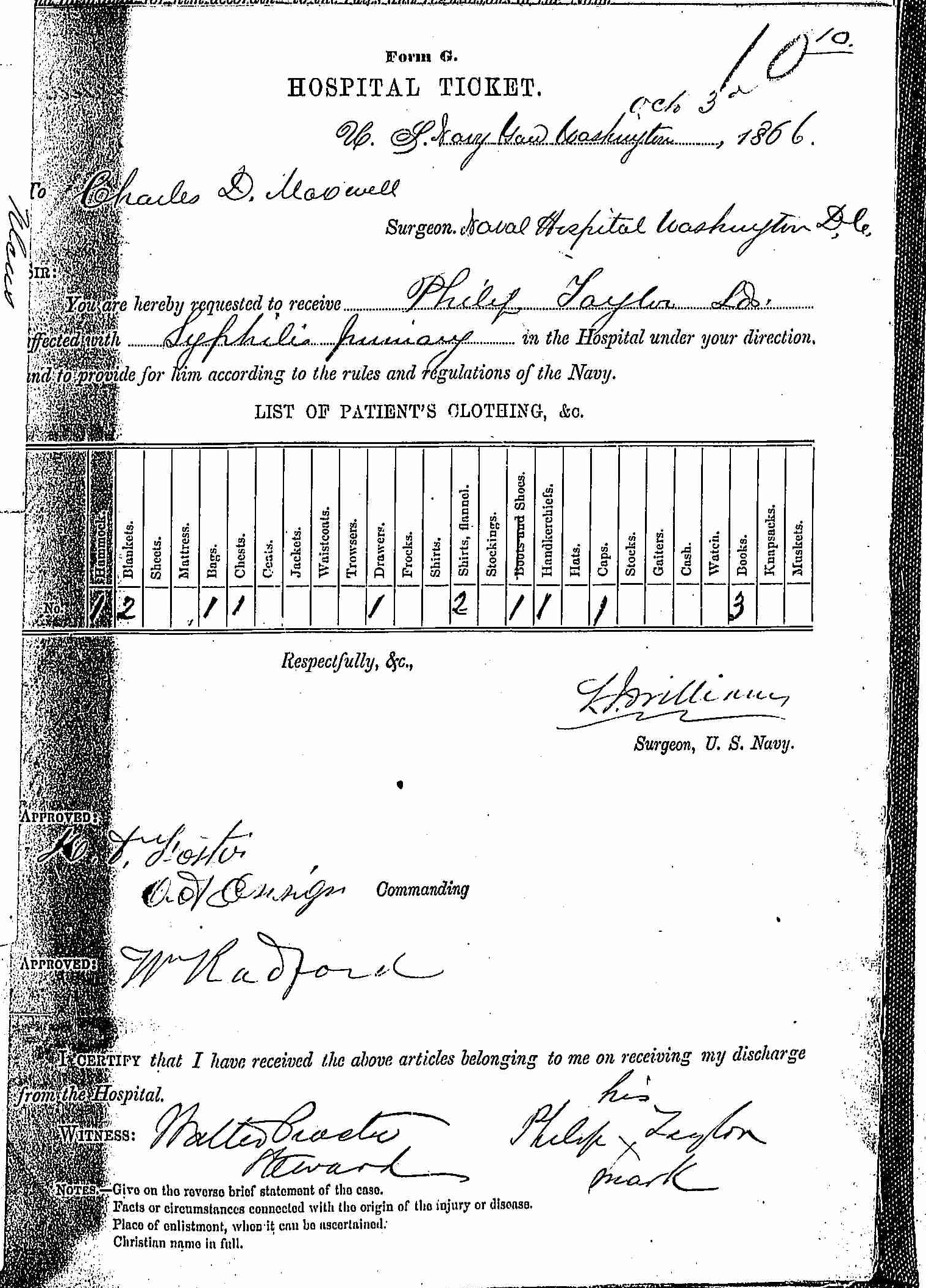 Entry for Philip Taylor (first admission page 1 of 2) in the log Hospital Tickets and Case Papers - Naval Hospital - Washington, D.C. - 1865-68