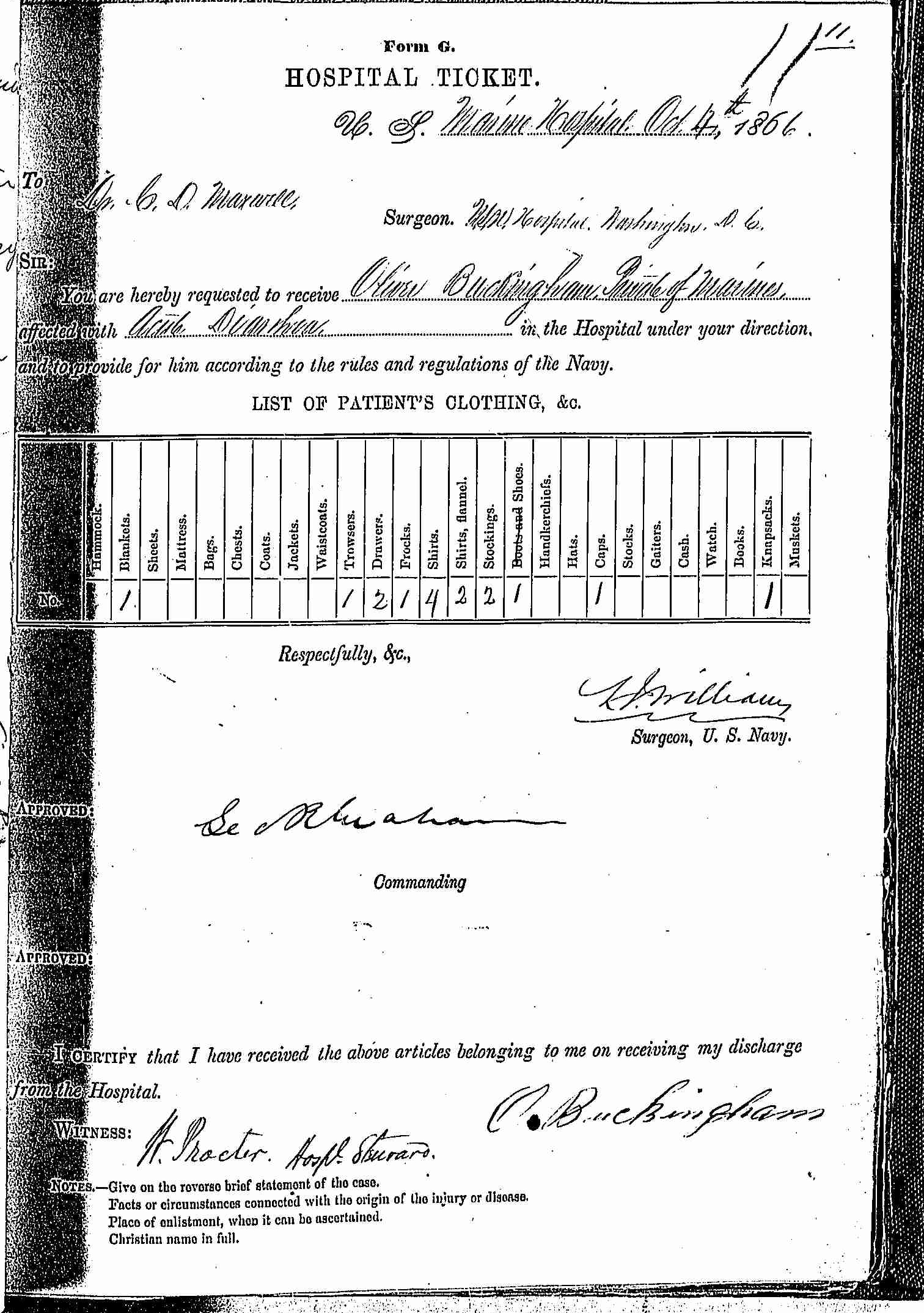 Entry for Oliver Buckingham (page 1 of 2) in the log Hospital Tickets and Case Papers - Naval Hospital - Washington, D.C. - 1865-68