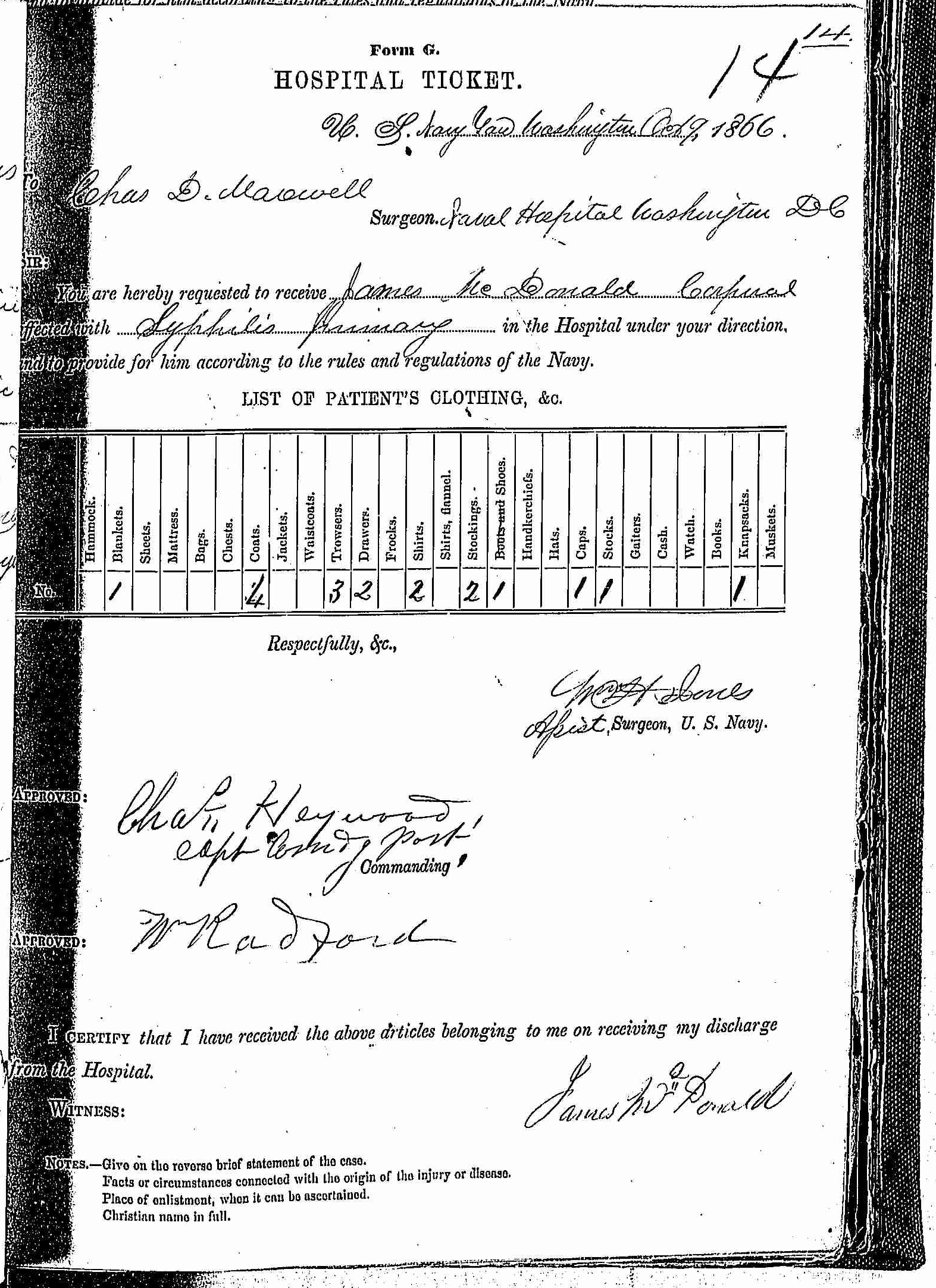 Entry for James McDonald (page 1 of 2) in the log Hospital Tickets and Case Papers - Naval Hospital - Washington, D.C. - 1865-68