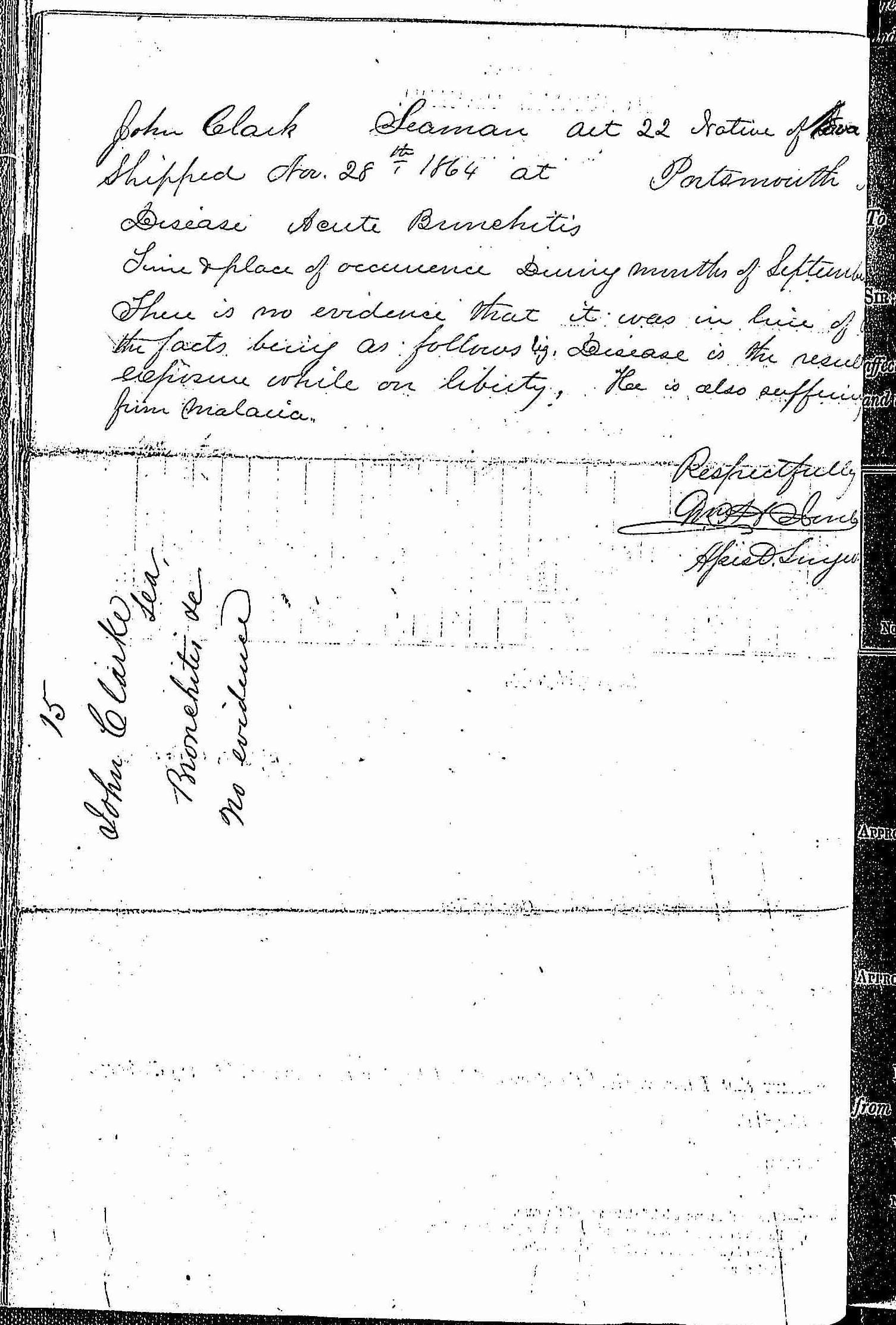 Entry for John Clark (page 2 of 2) in the log Hospital Tickets and Case Papers - Naval Hospital - Washington, D.C. - 1865-68