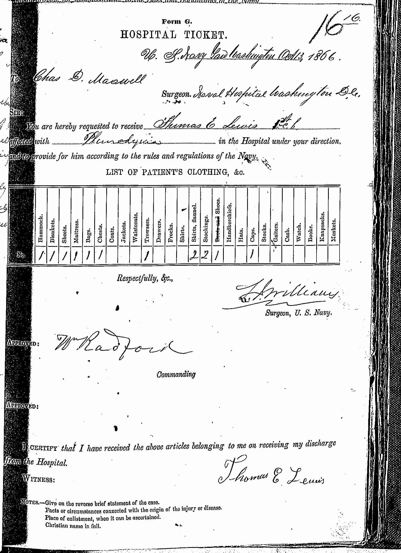 Entry for Thomas E. Lewis (page 1 of 2) in the log Hospital Tickets and Case Papers - Naval Hospital - Washington, D.C. - 1865-68