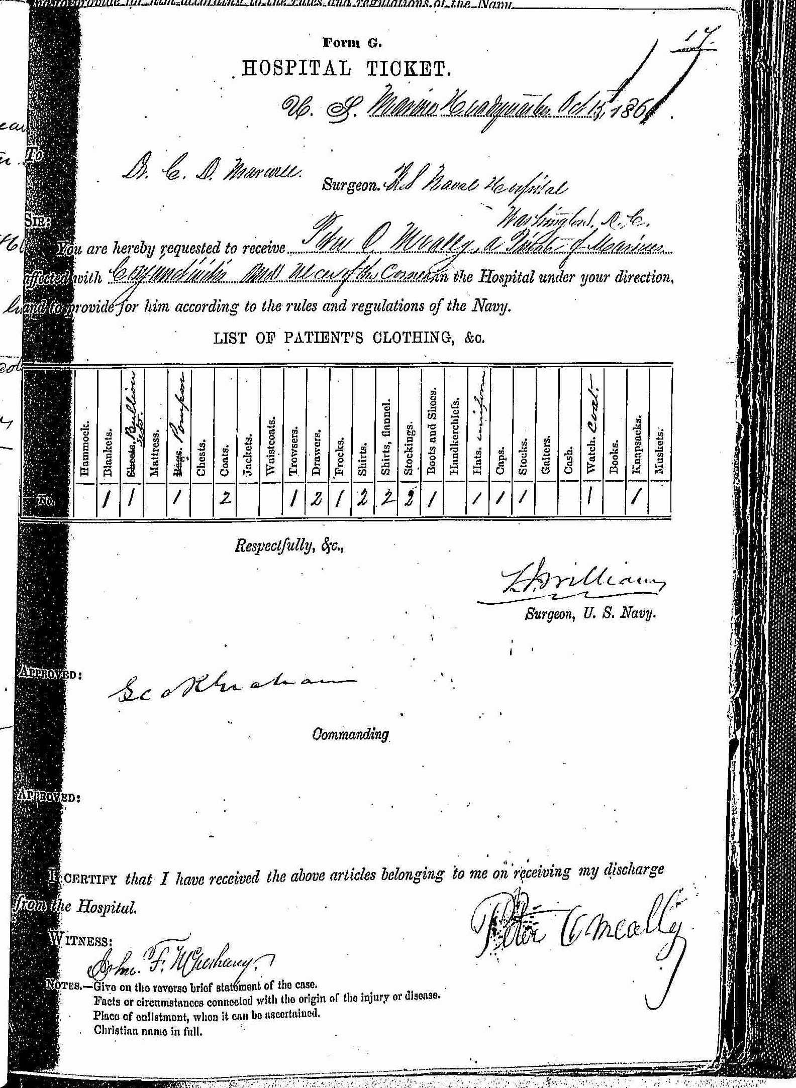 Entry for Peter O. Meally (page 1 of 2) in the log Hospital Tickets and Case Papers - Naval Hospital - Washington, D.C. - 1865-68