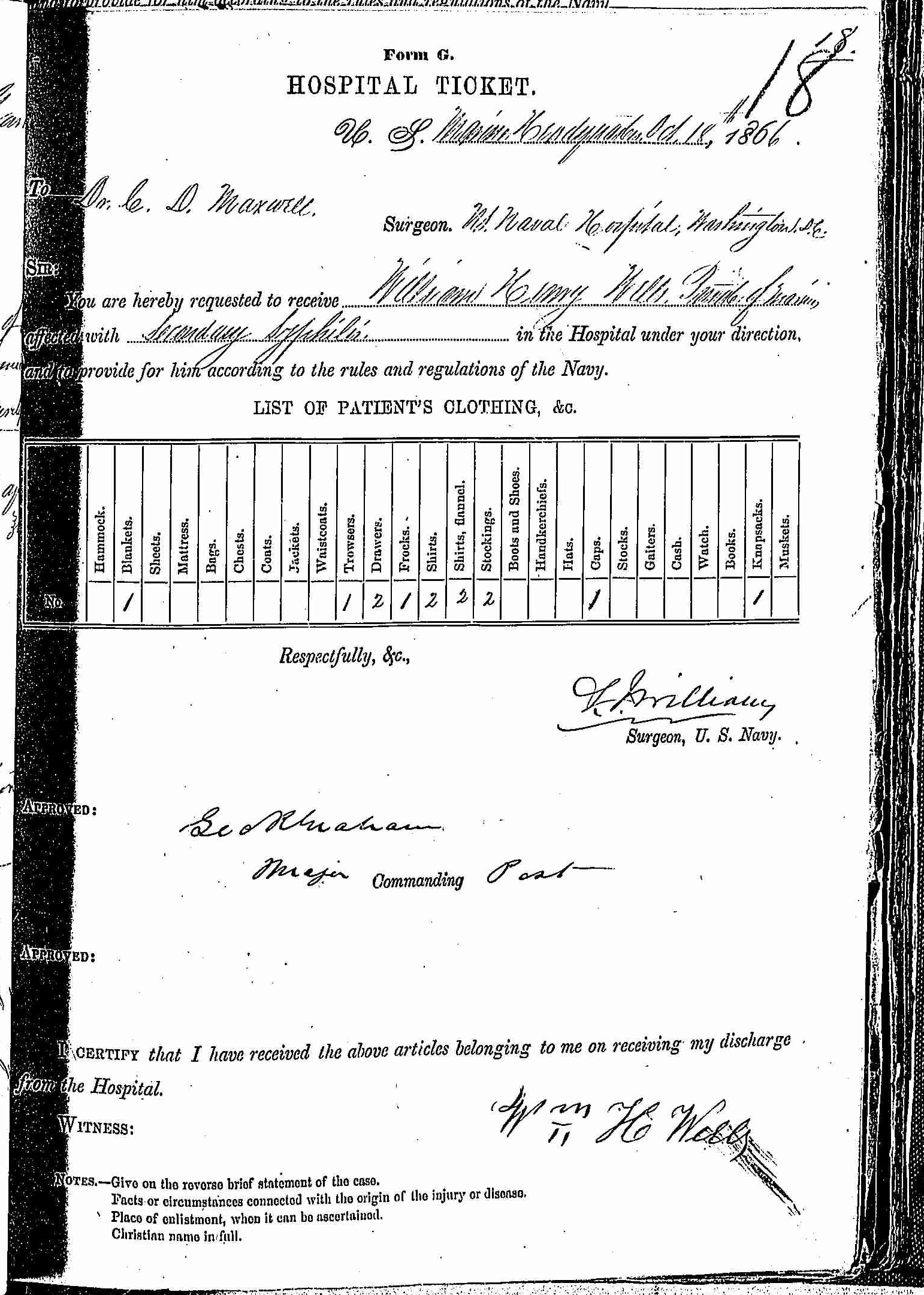 Entry for William Henry Wells (page 1 of 2) in the log Hospital Tickets and Case Papers - Naval Hospital - Washington, D.C. - 1865-68