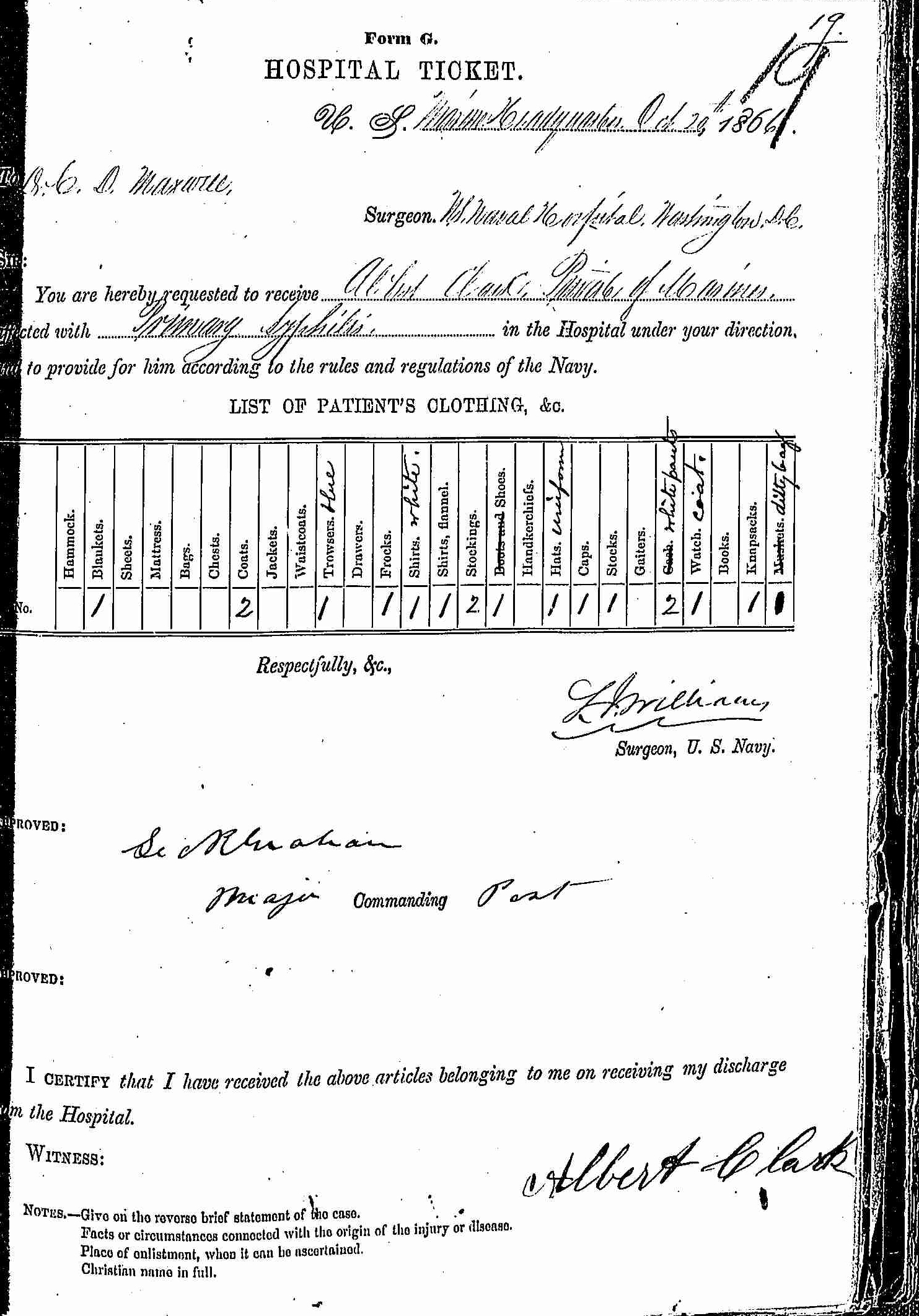 Entry for Albert Clark (page 1 of 2) in the log Hospital Tickets and Case Papers - Naval Hospital - Washington, D.C. - 1865-68