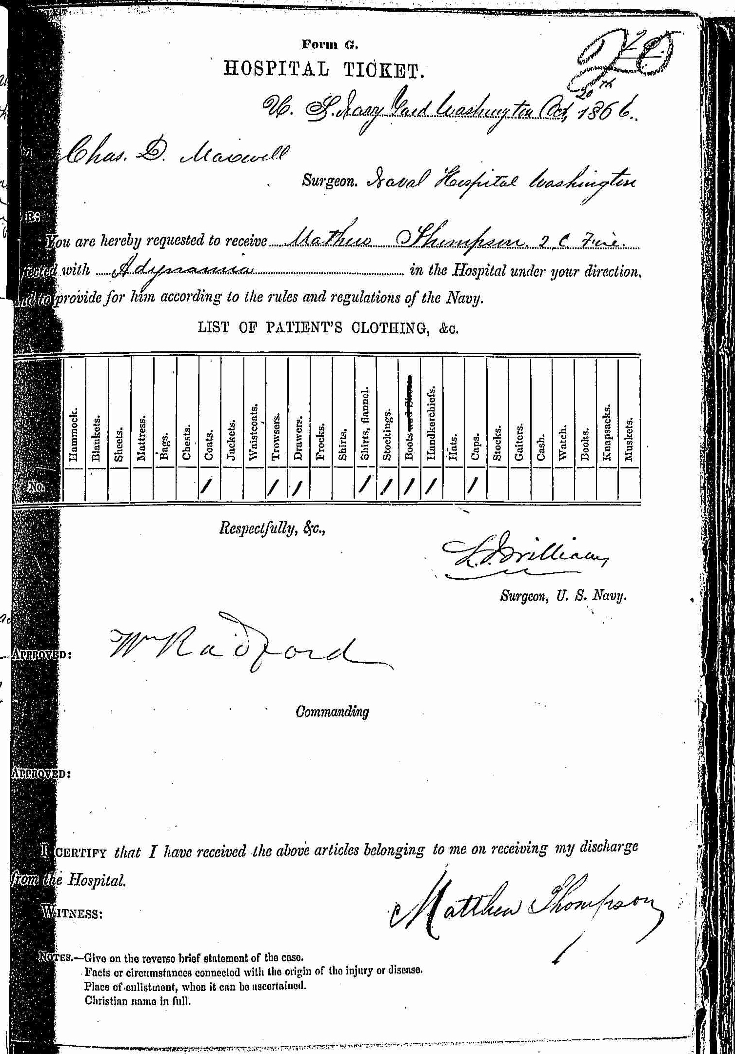 Entry for Matthew Thompson (page 1 of 2) in the log Hospital Tickets and Case Papers - Naval Hospital - Washington, D.C. - 1865-68