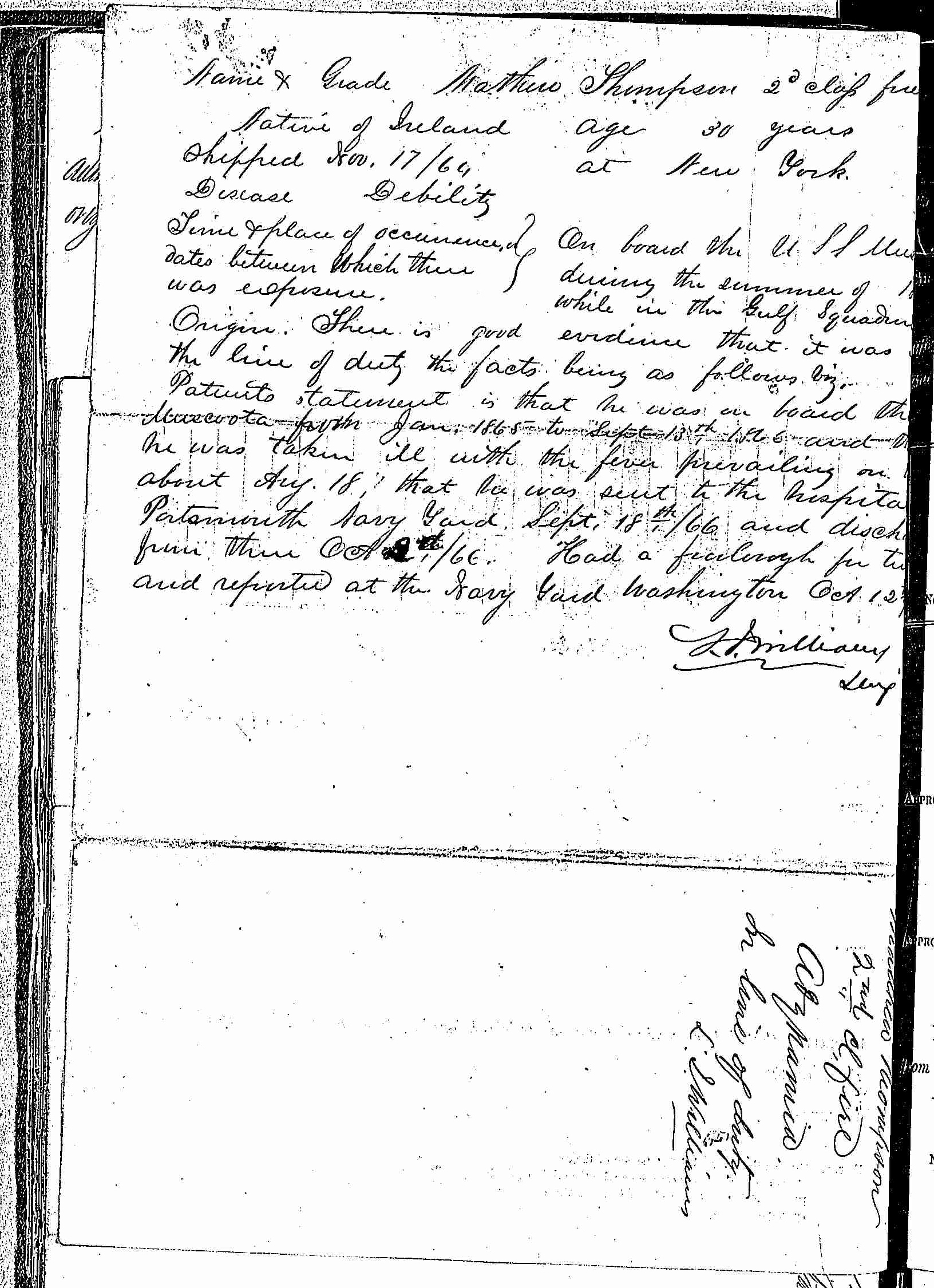 Entry for Matthew Thompson (page 2 of 2) in the log Hospital Tickets and Case Papers - Naval Hospital - Washington, D.C. - 1865-68