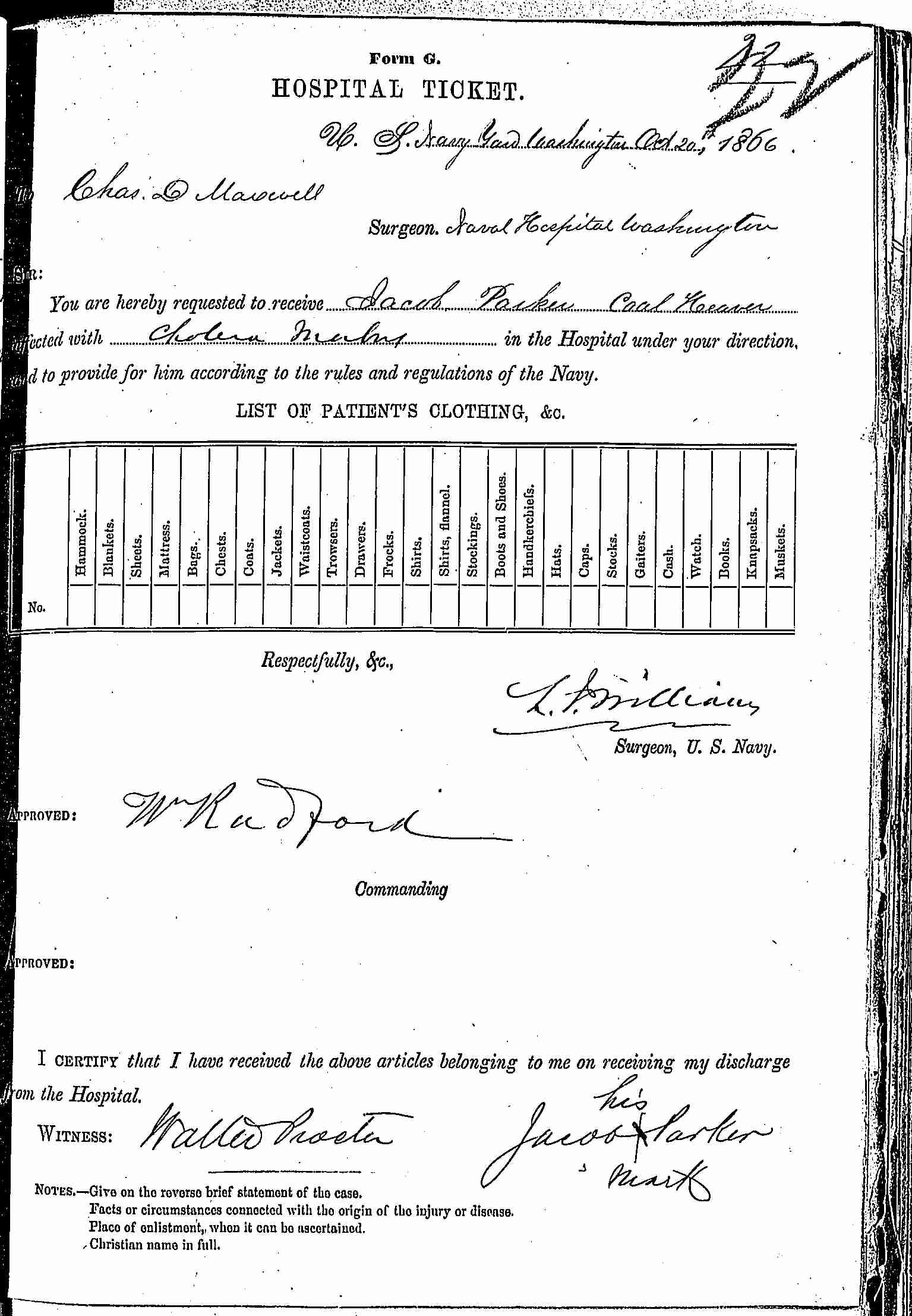 Entry for Jacob Parker (page 1 of 2) in the log Hospital Tickets and Case Papers - Naval Hospital - Washington, D.C. - 1865-68