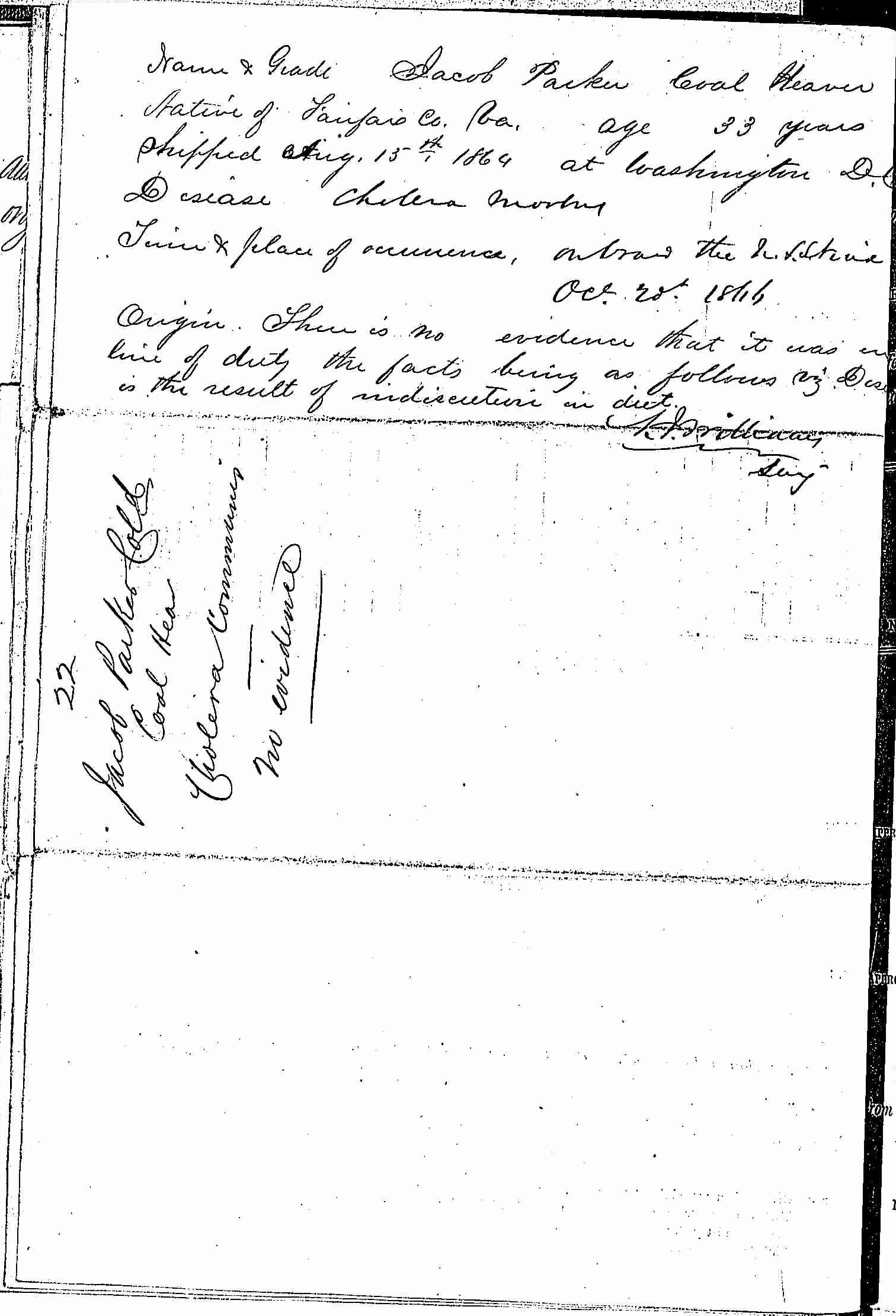 Entry for Jacob Parker (page 2 of 2) in the log Hospital Tickets and Case Papers - Naval Hospital - Washington, D.C. - 1865-68