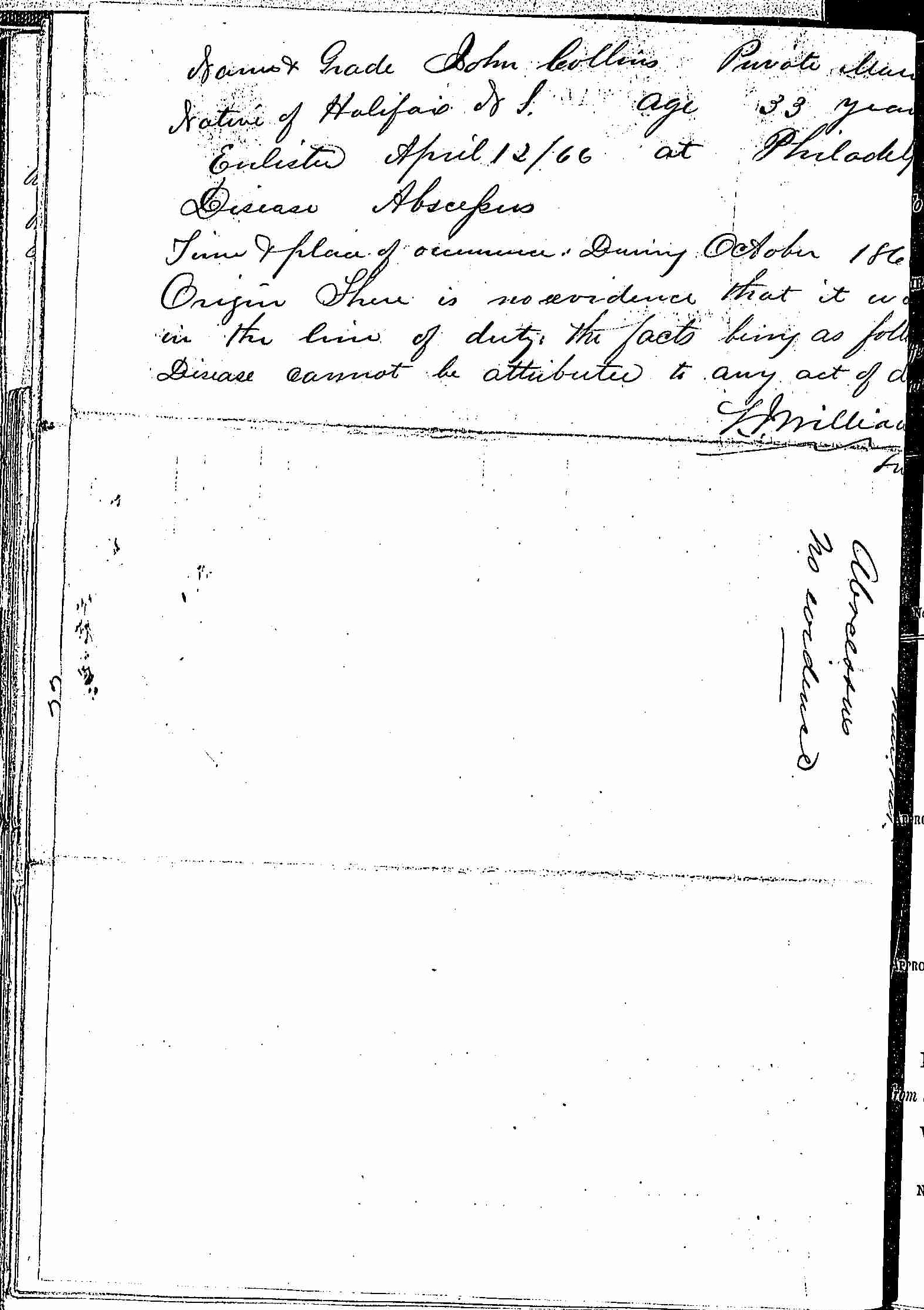 Entry for John Collins (page 2 of 2) in the log Hospital Tickets and Case Papers - Naval Hospital - Washington, D.C. - 1865-68