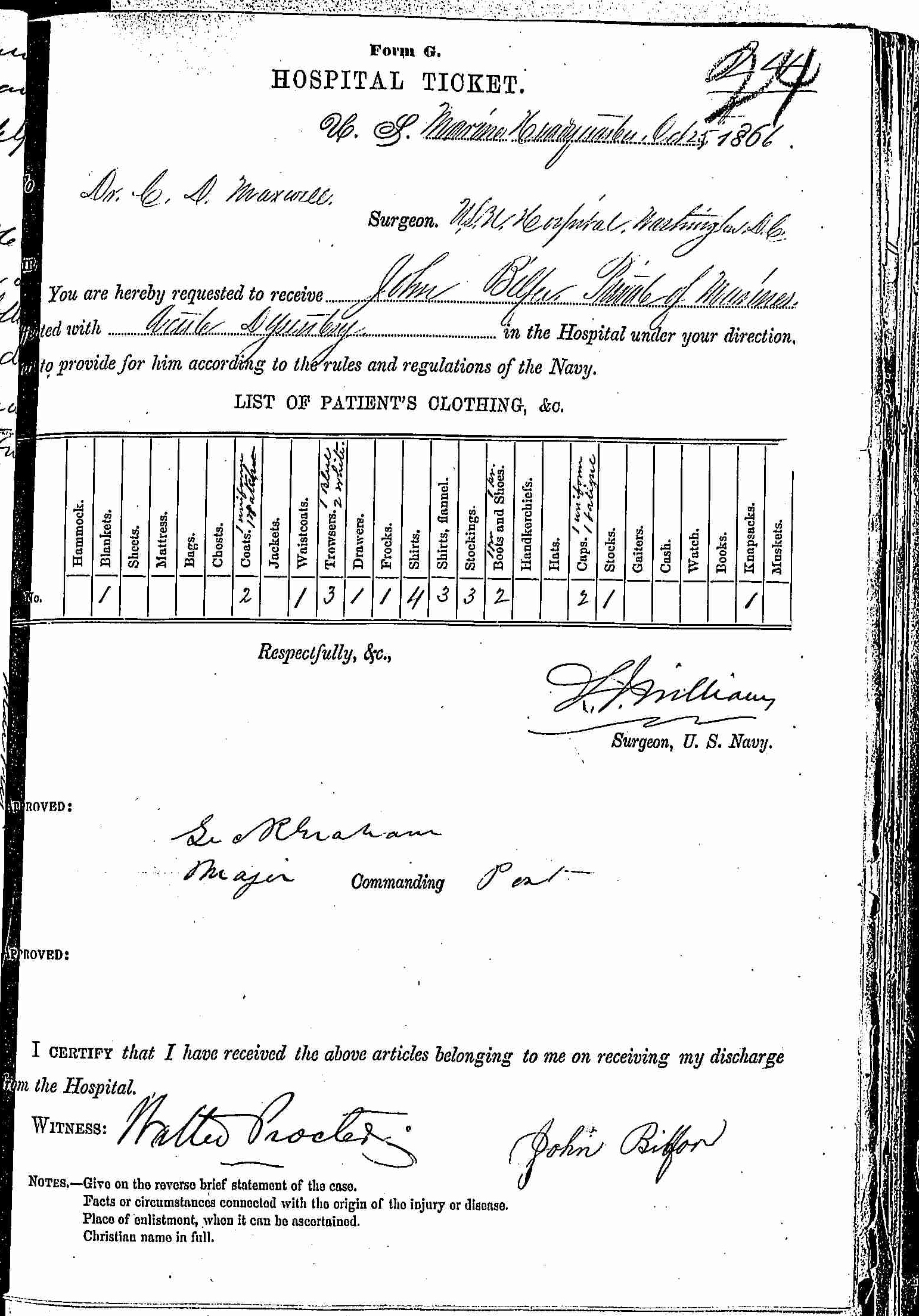 Entry for John Bilfer (page 1 of 2) in the log Hospital Tickets and Case Papers - Naval Hospital - Washington, D.C. - 1865-68