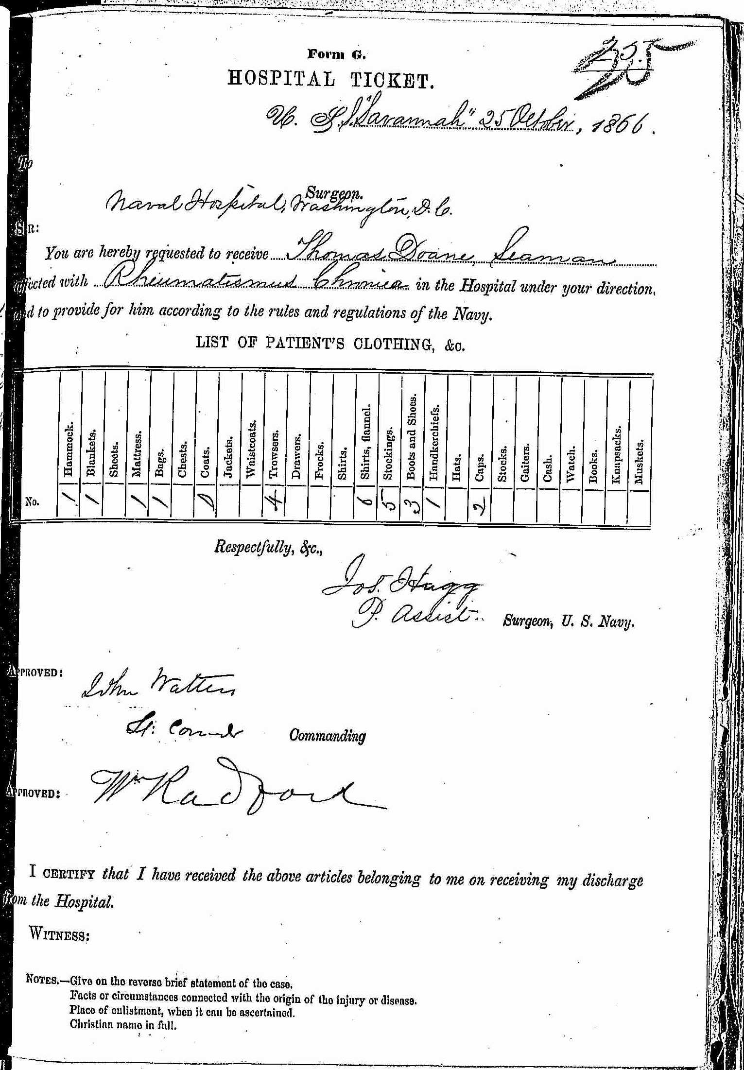 Entry for Thomas Doane (page 1 of 2) in the log Hospital Tickets and Case Papers - Naval Hospital - Washington, D.C. - 1865-68