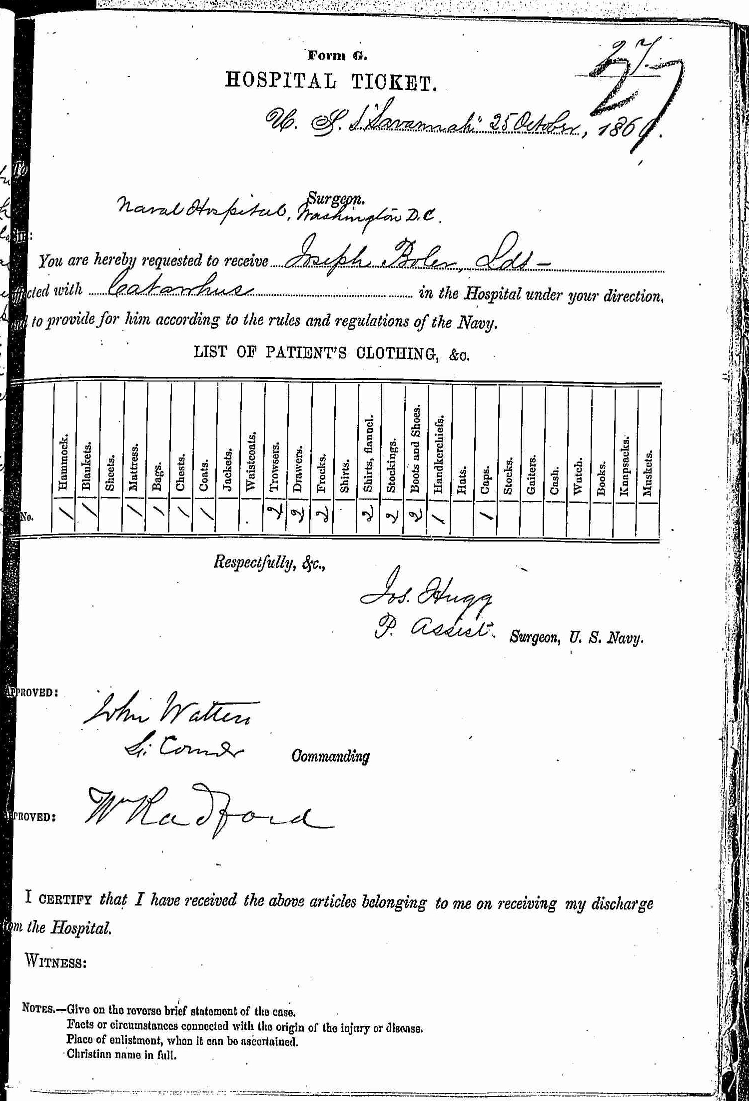 Entry for Joseph Boler (page 1 of 2) in the log Hospital Tickets and Case Papers - Naval Hospital - Washington, D.C. - 1865-68