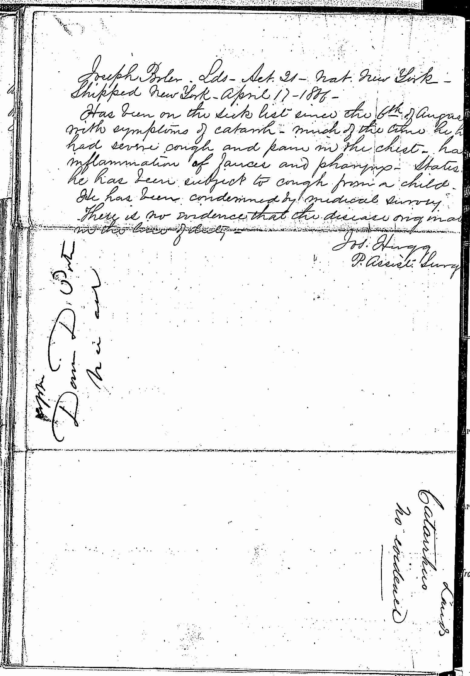 Entry for Joseph Boler (page 2 of 2) in the log Hospital Tickets and Case Papers - Naval Hospital - Washington, D.C. - 1865-68