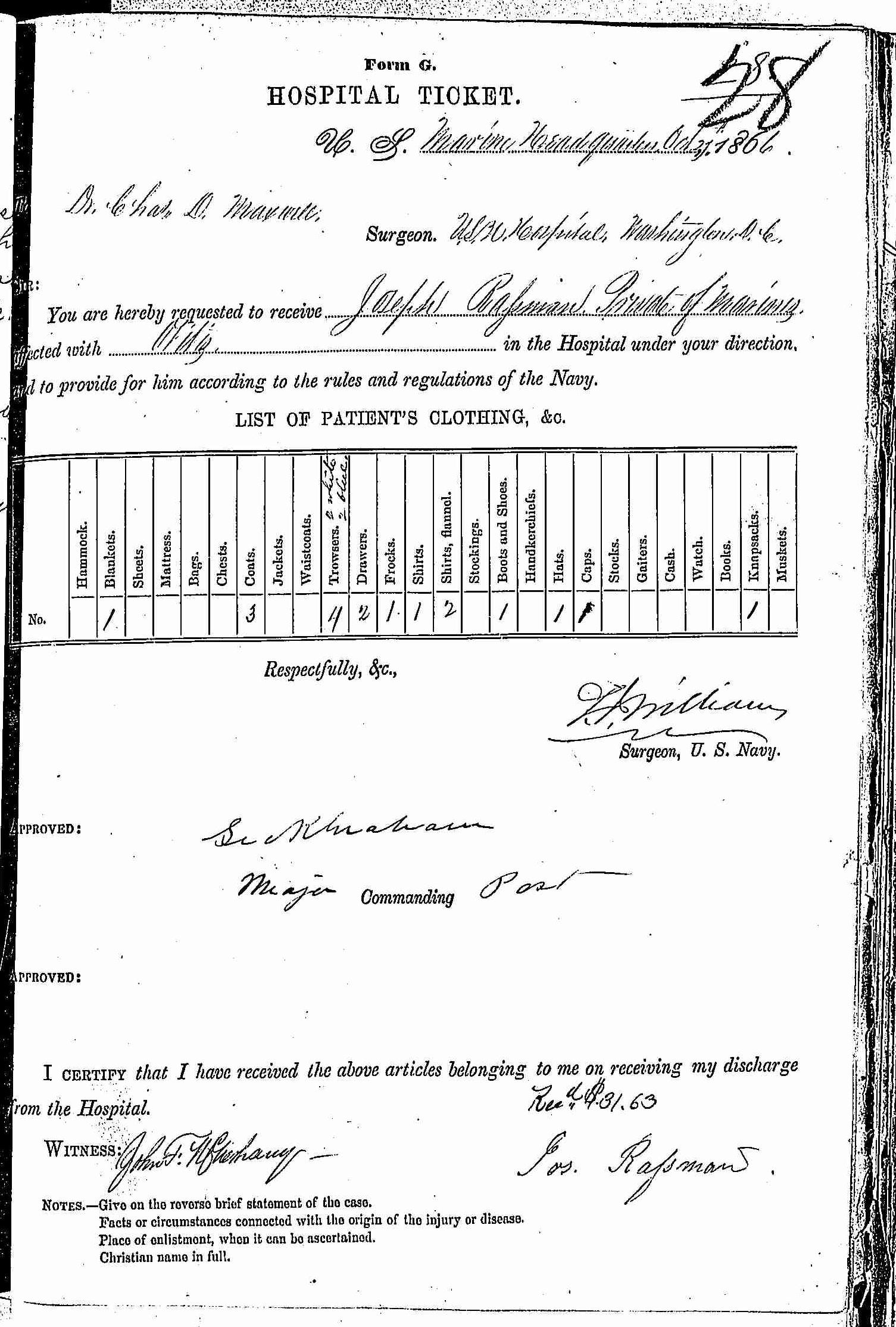 Entry for Joseph Rassman (page 1 of 2) in the log Hospital Tickets and Case Papers - Naval Hospital - Washington, D.C. - 1865-68