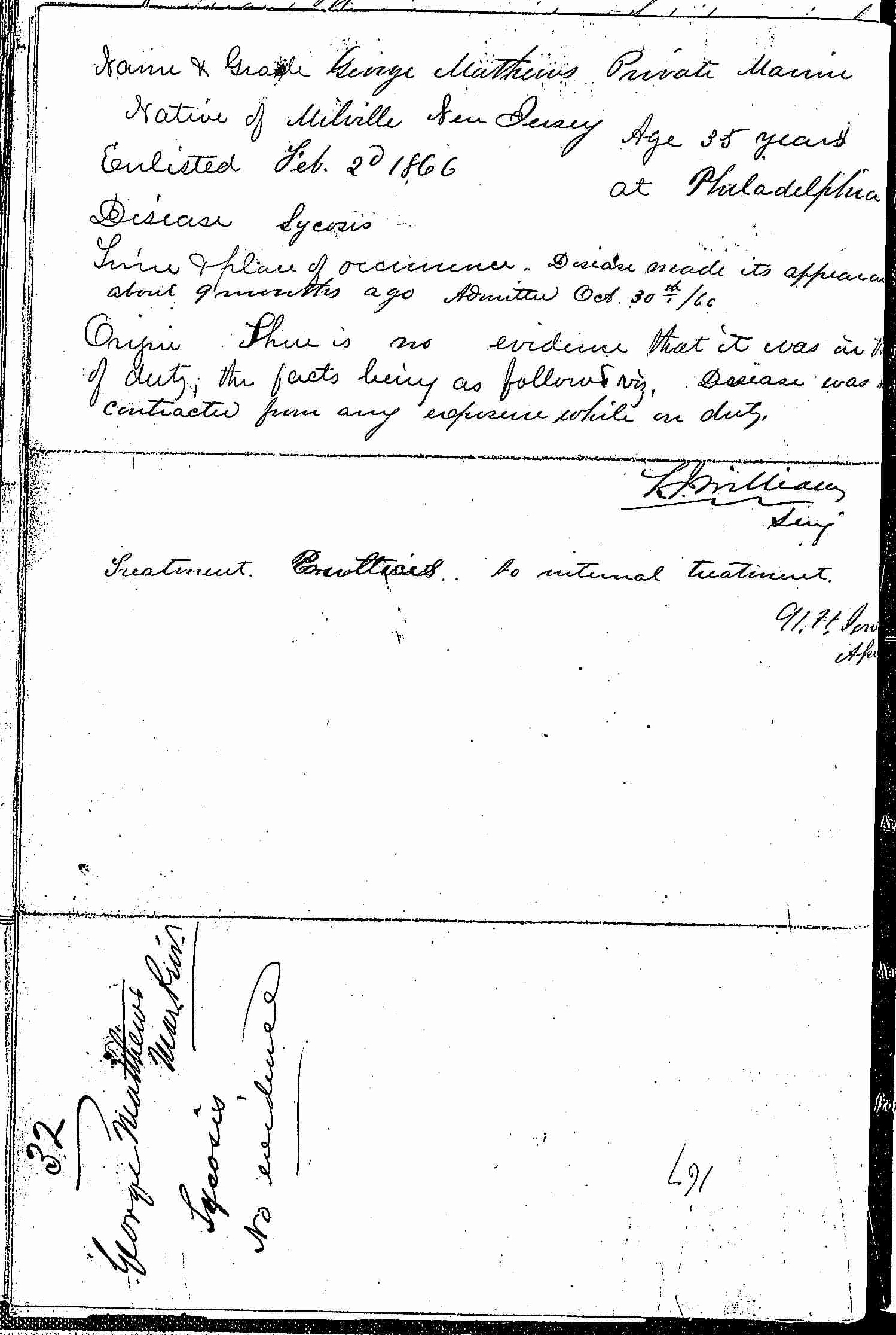 Entry for George Mathews (page 2 of 2) in the log Hospital Tickets and Case Papers - Naval Hospital - Washington, D.C. - 1865-68