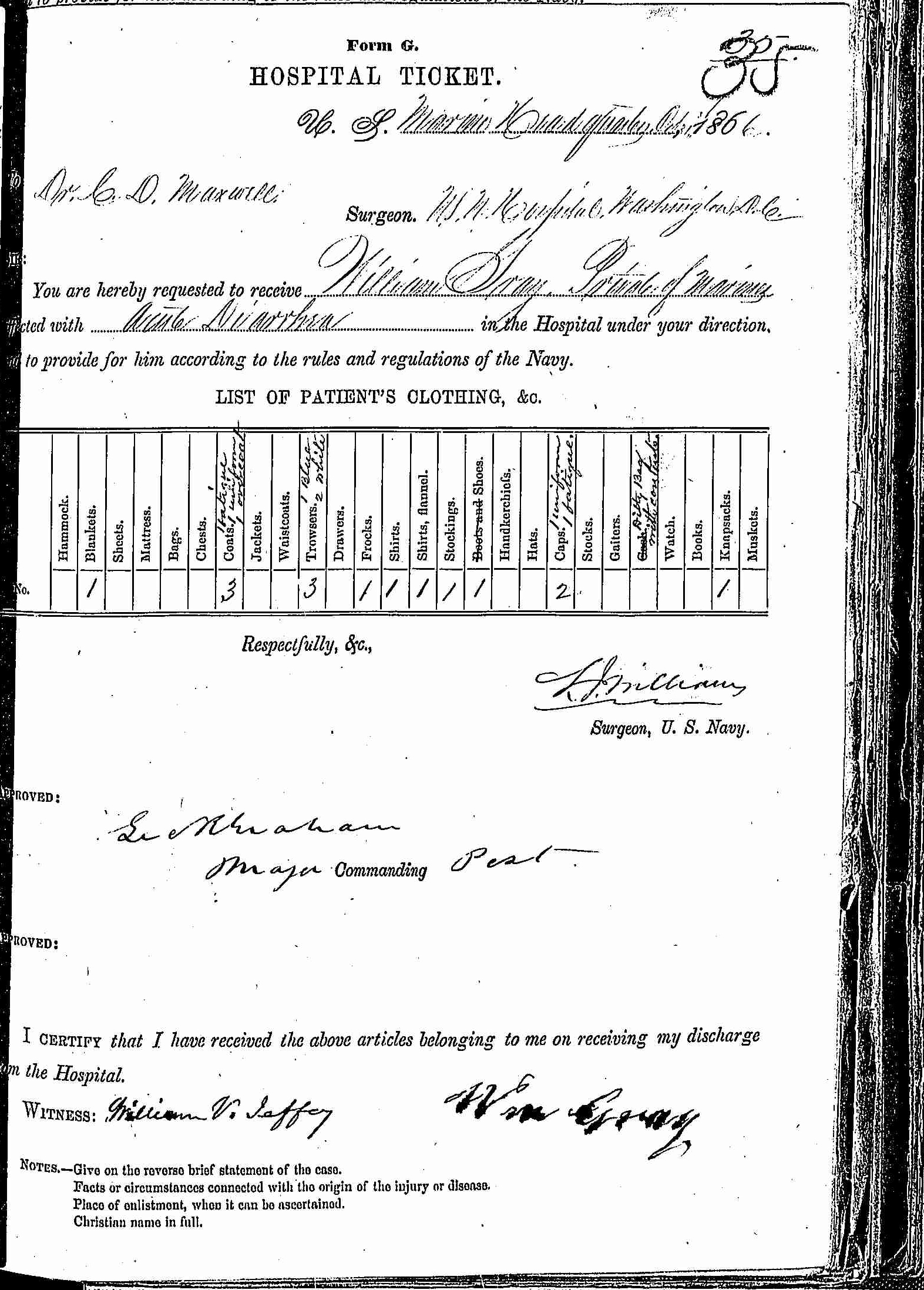 Entry for William Gray (page 1 of 2) in the log Hospital Tickets and Case Papers - Naval Hospital - Washington, D.C. - 1865-68