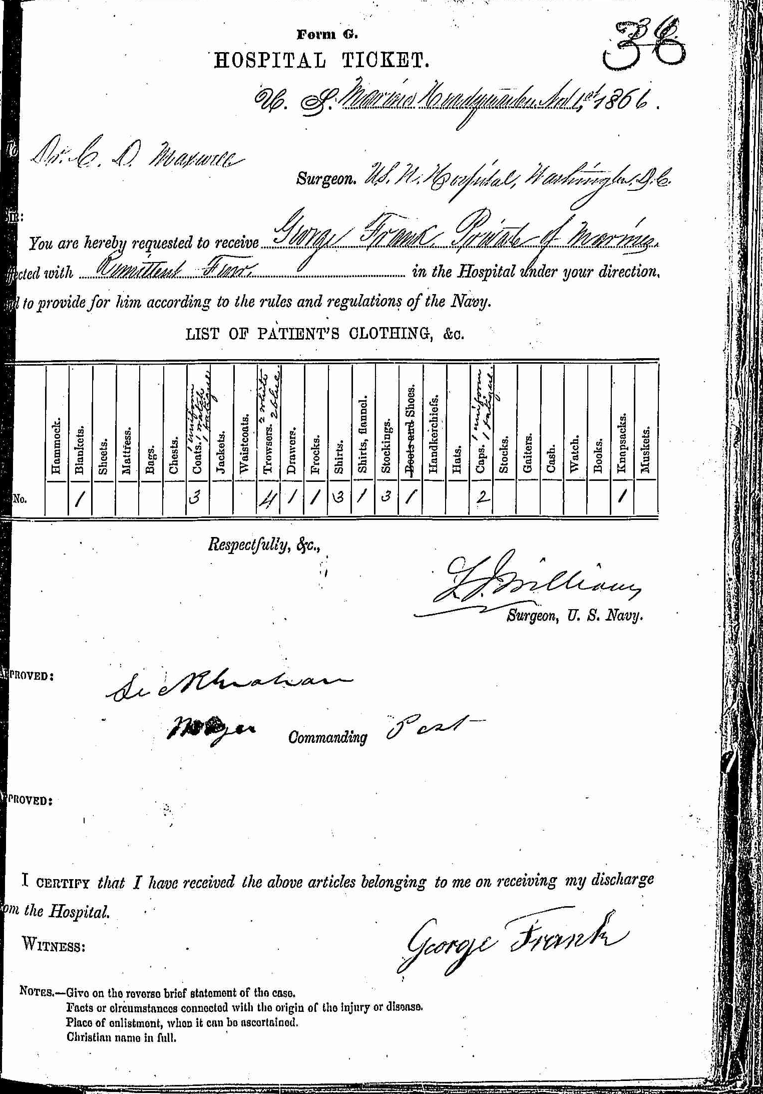 Entry for George Frank (page 1 of 2) in the log Hospital Tickets and Case Papers - Naval Hospital - Washington, D.C. - 1865-68