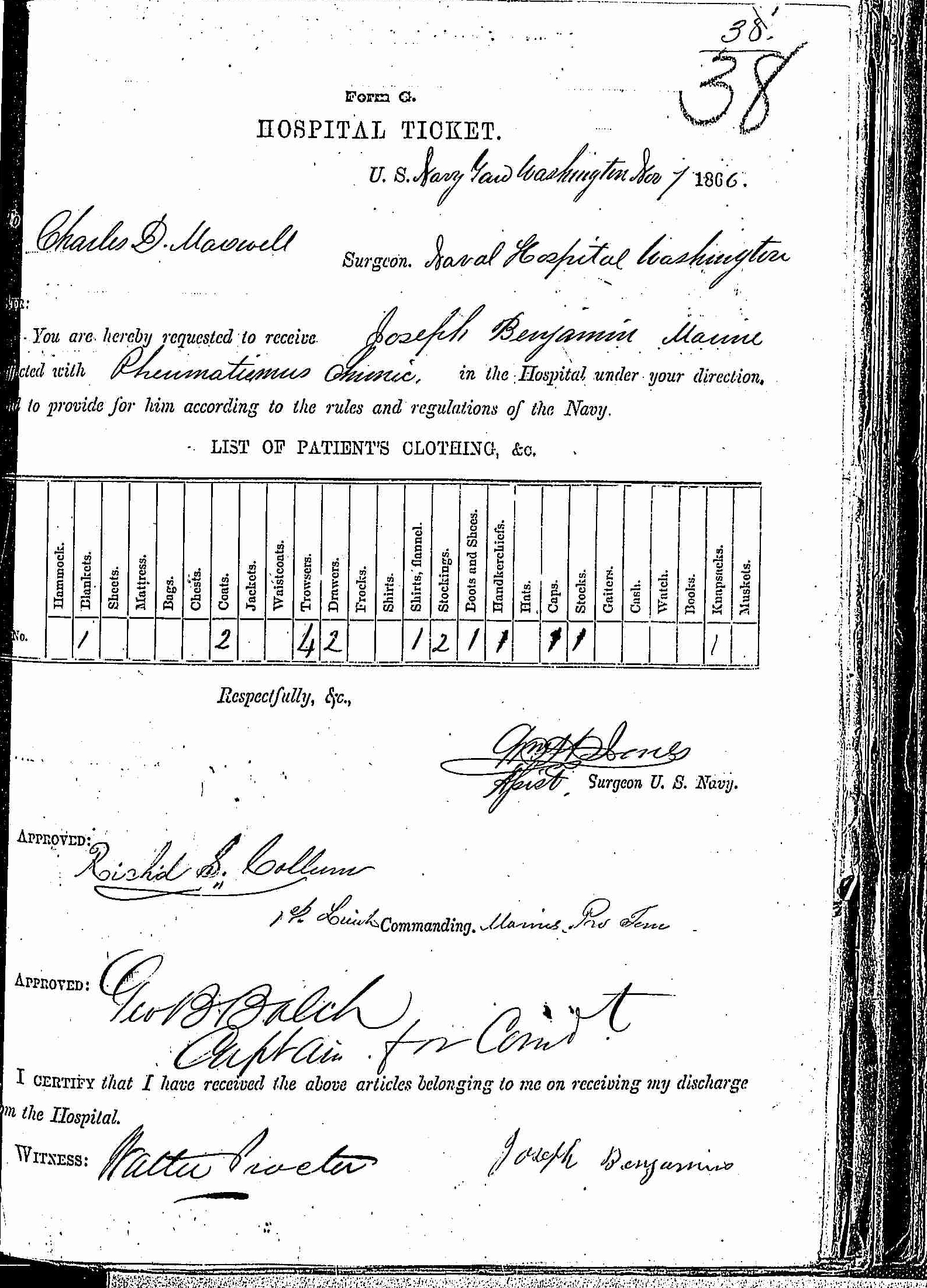 Entry for Joseph Benjamin (second admission page 1 of 2) in the log Hospital Tickets and Case Papers - Naval Hospital - Washington, D.C. - 1865-68