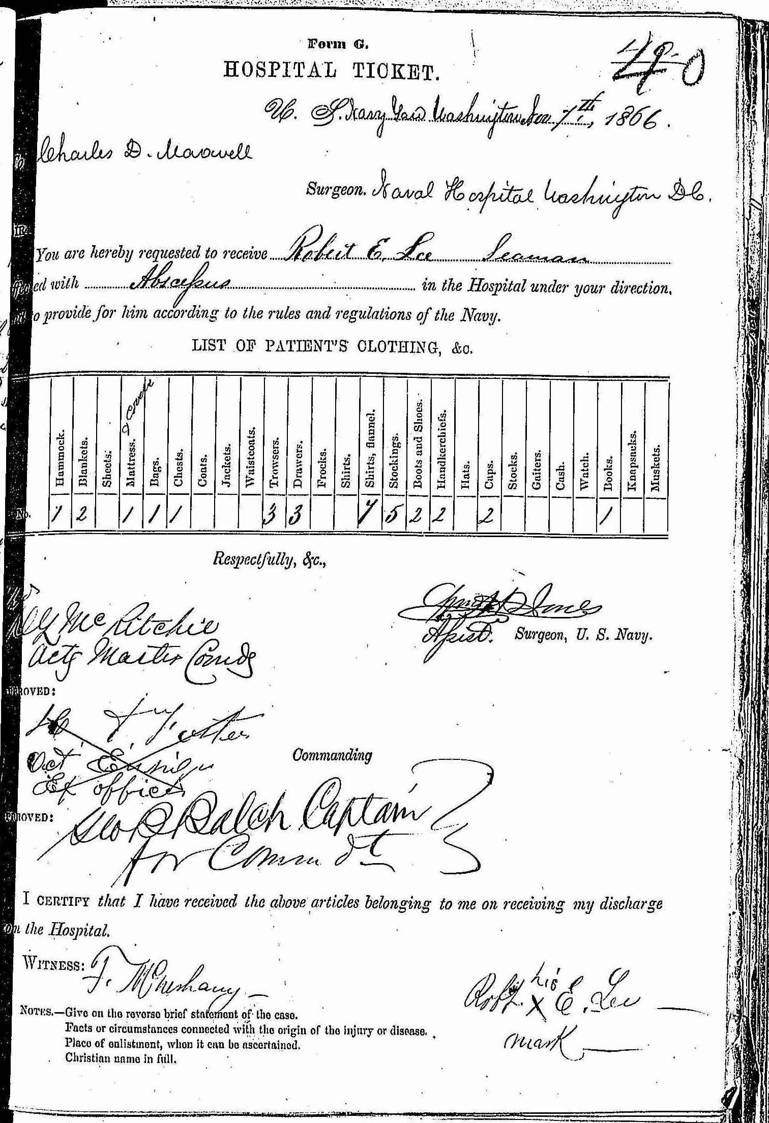 Entry for Robert E. Lee (page 1 of 2) in the log Hospital Tickets and Case Papers - Naval Hospital - Washington, D.C. - 1865-68