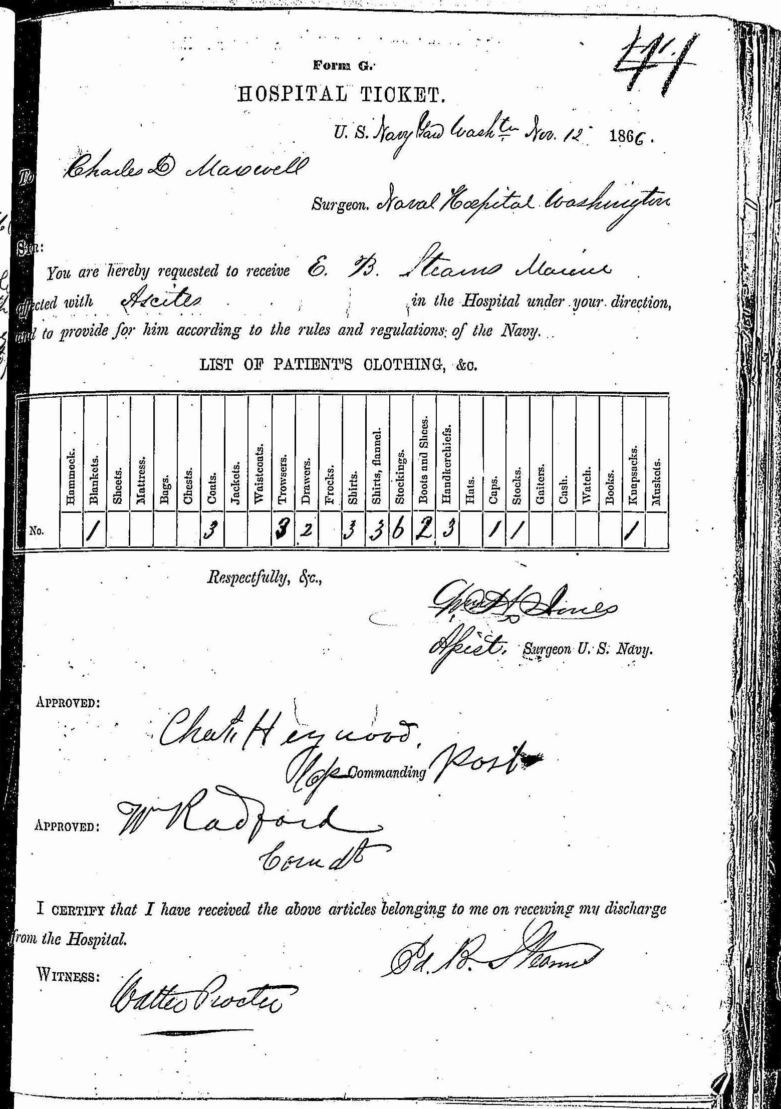 Entry for Edward B. Stearns (first admission page 1 of 2) in the log Hospital Tickets and Case Papers - Naval Hospital - Washington, D.C. - 1865-68