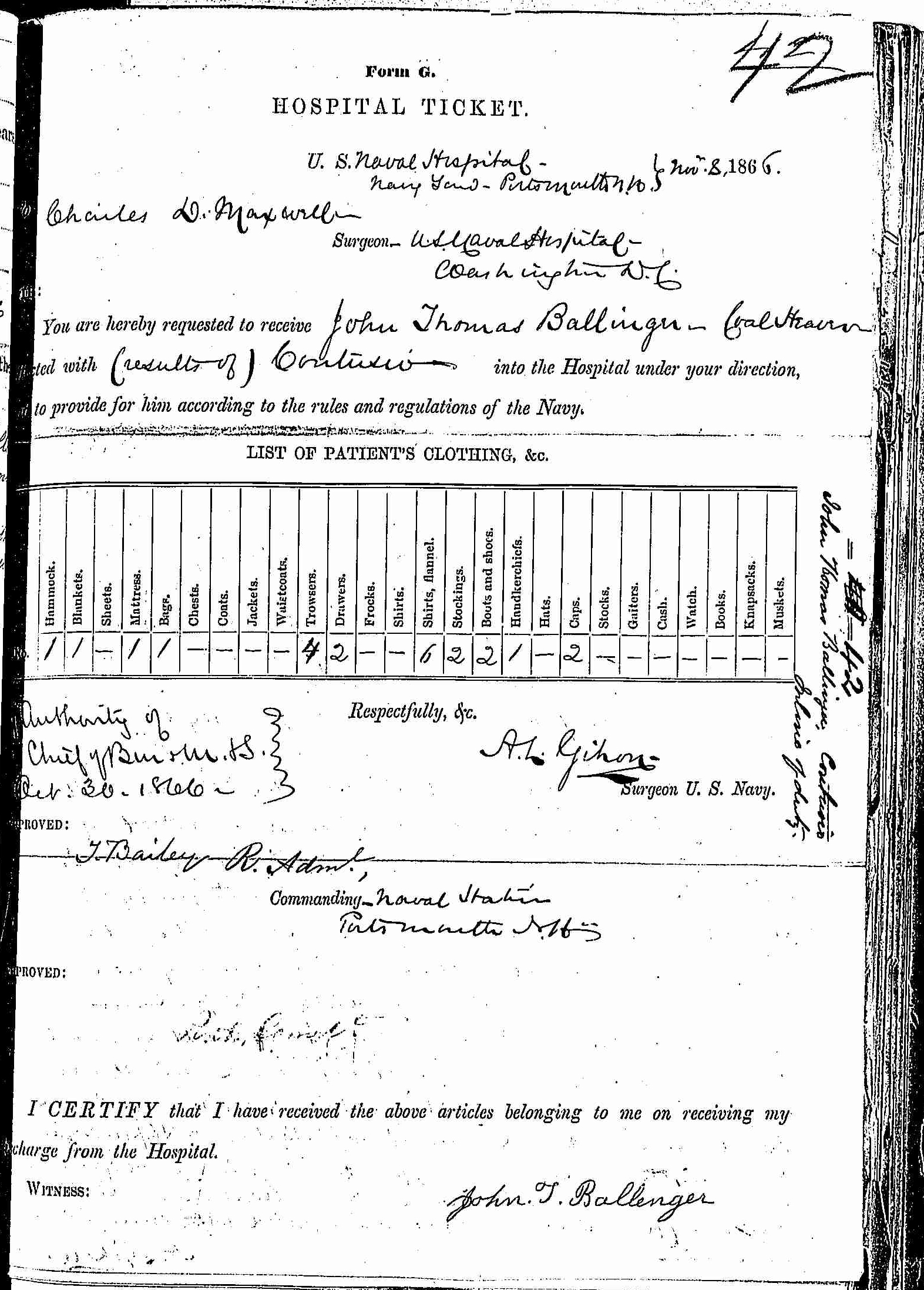 Entry for John Thomas Ballinger (page 1 of 2) in the log Hospital Tickets and Case Papers - Naval Hospital - Washington, D.C. - 1865-68