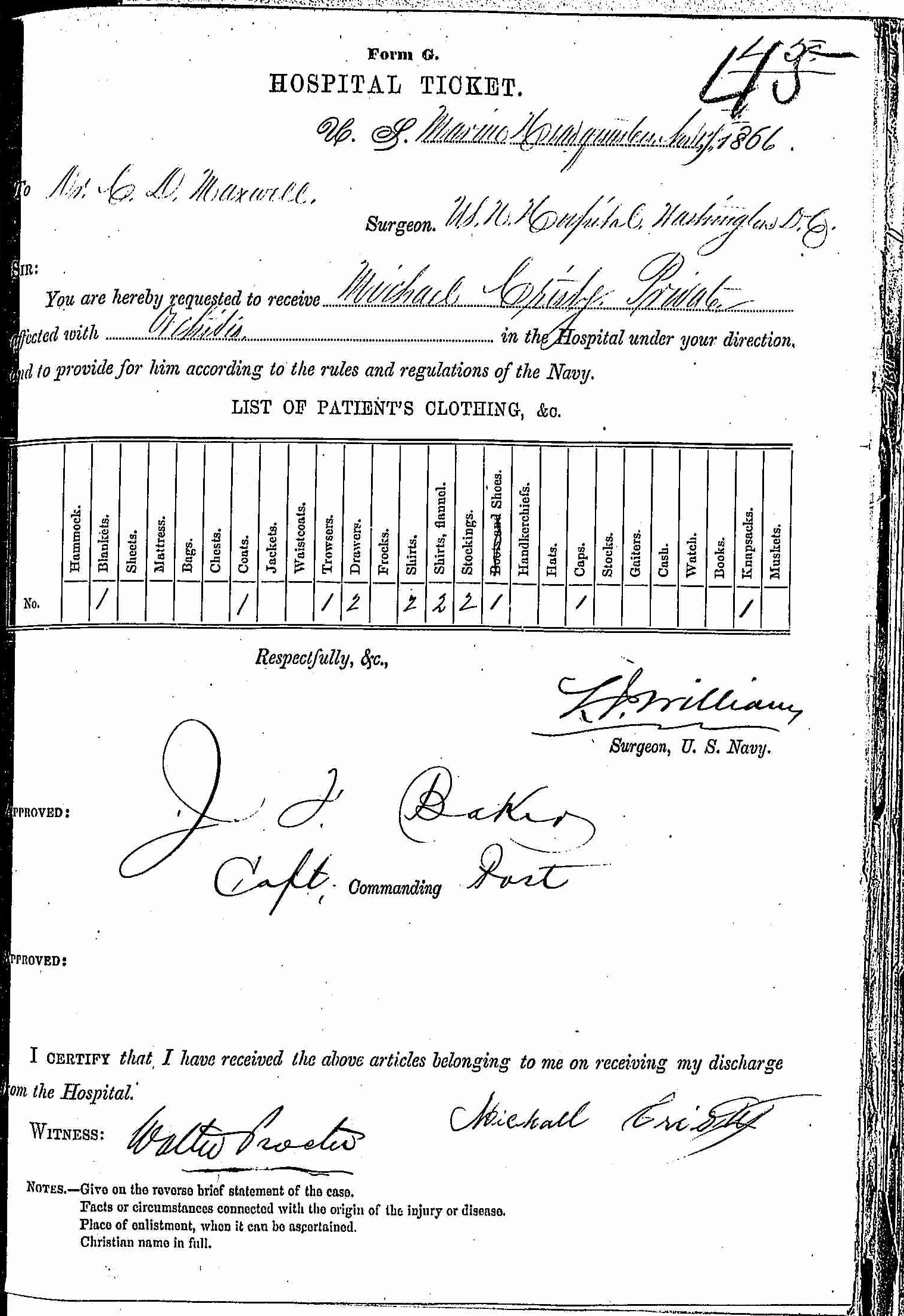 Entry for Michael Christy (page 1 of 2) in the log Hospital Tickets and Case Papers - Naval Hospital - Washington, D.C. - 1865-68