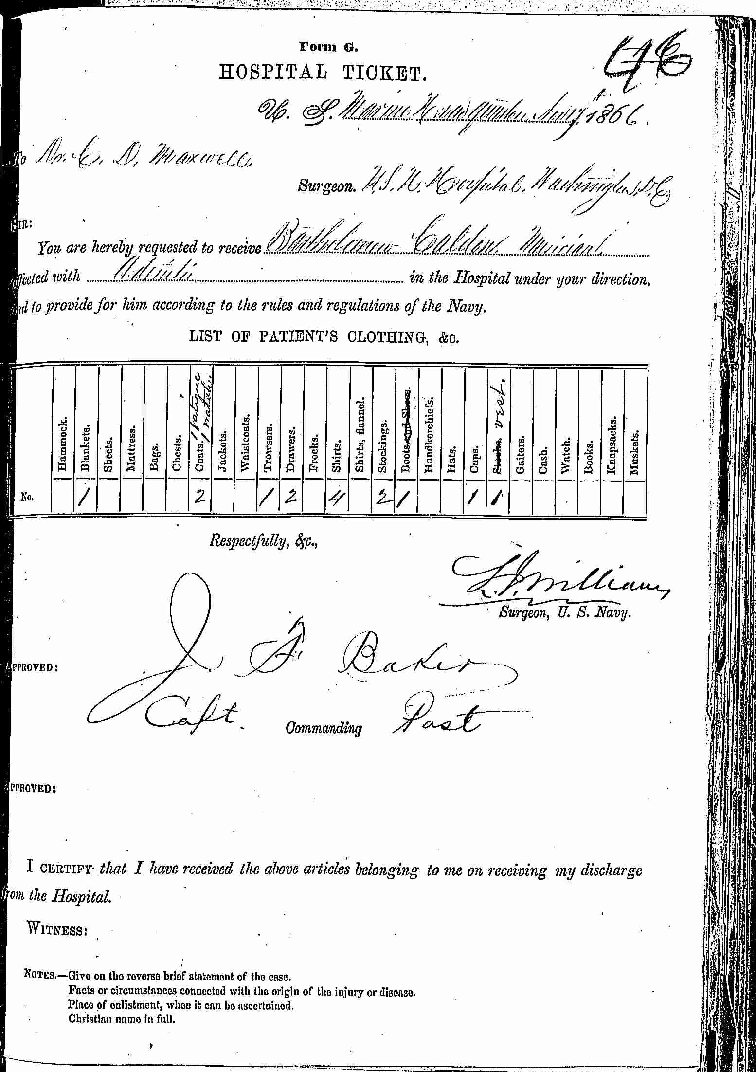 Entry for Bartholomew Caldon (page 1 of 2) in the log Hospital Tickets and Case Papers - Naval Hospital - Washington, D.C. - 1865-68