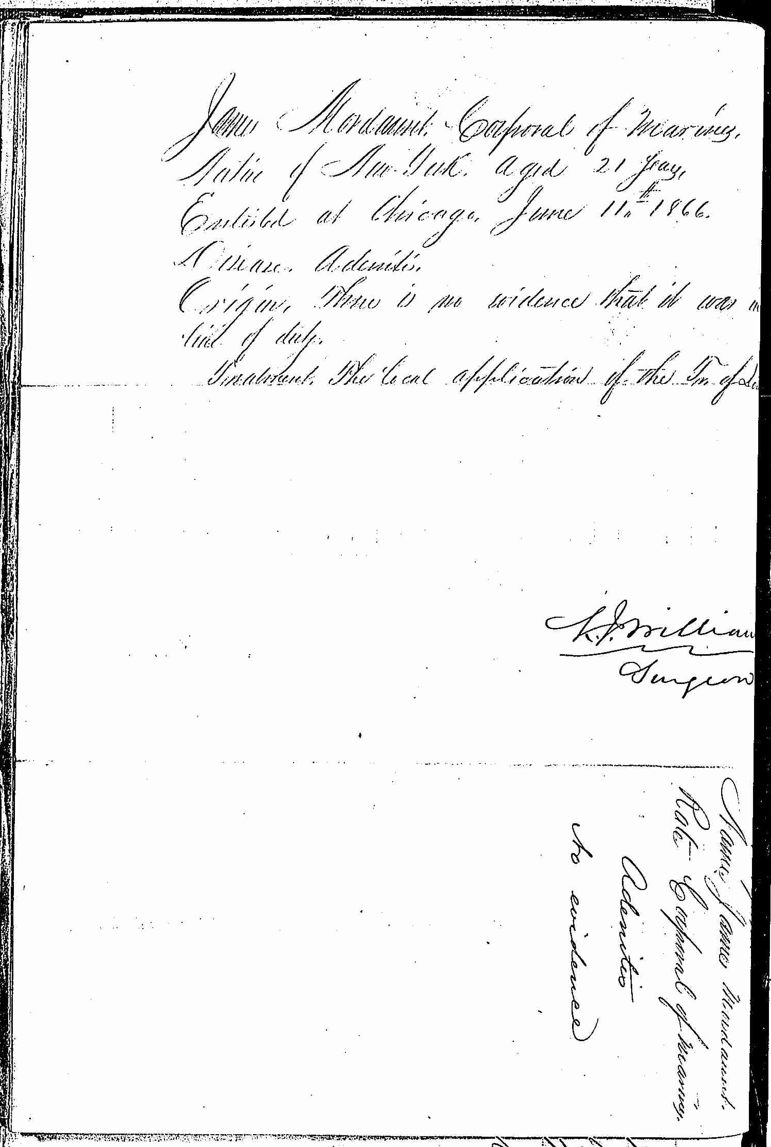 Entry for James Mordaunt (first admission page 2 of 2) in the log Hospital Tickets and Case Papers - Naval Hospital - Washington, D.C. - 1865-68