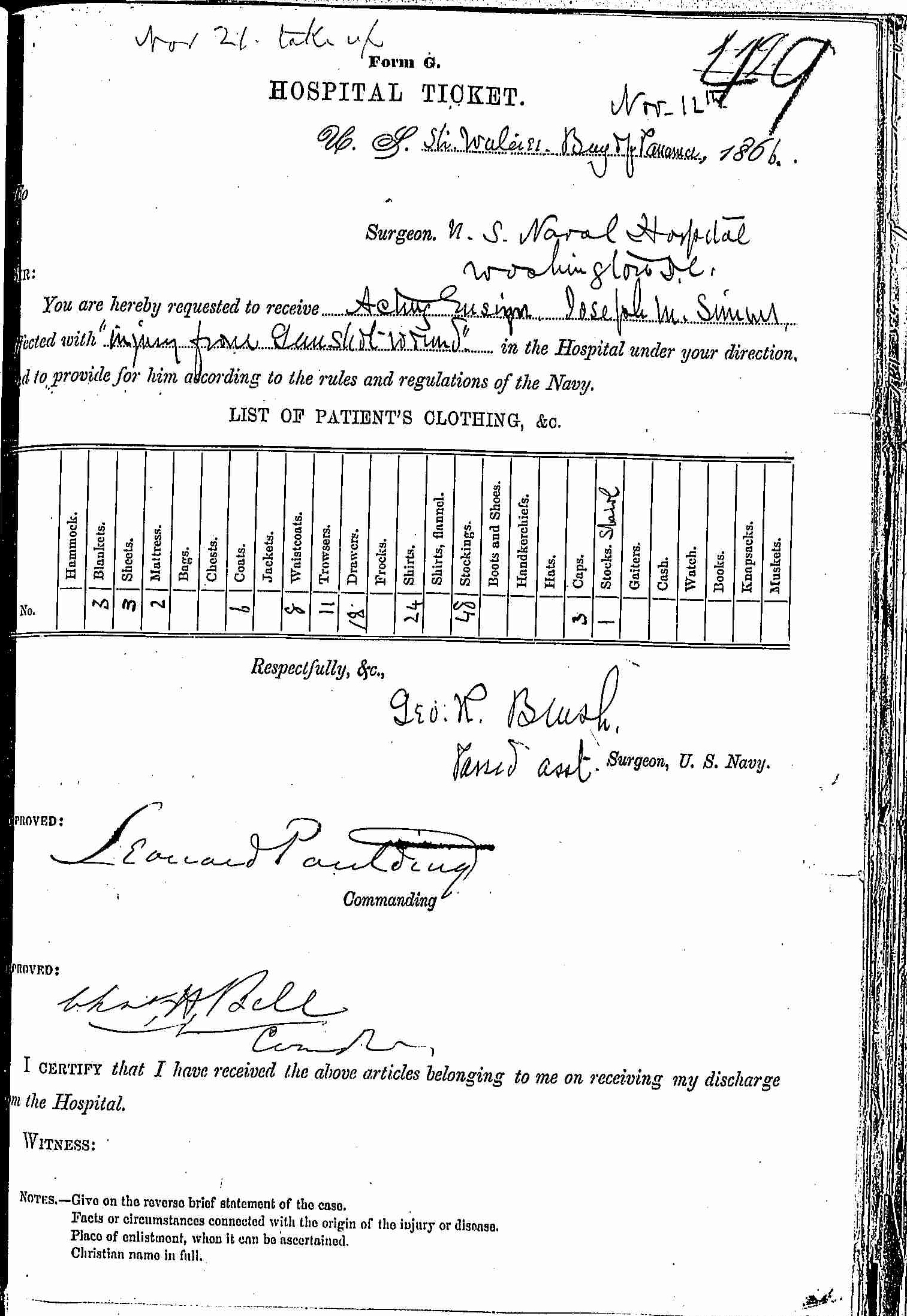 Entry for Joseph M. Simons (page 1 of 2) in the log Hospital Tickets and Case Papers - Naval Hospital - Washington, D.C. - 1865-68