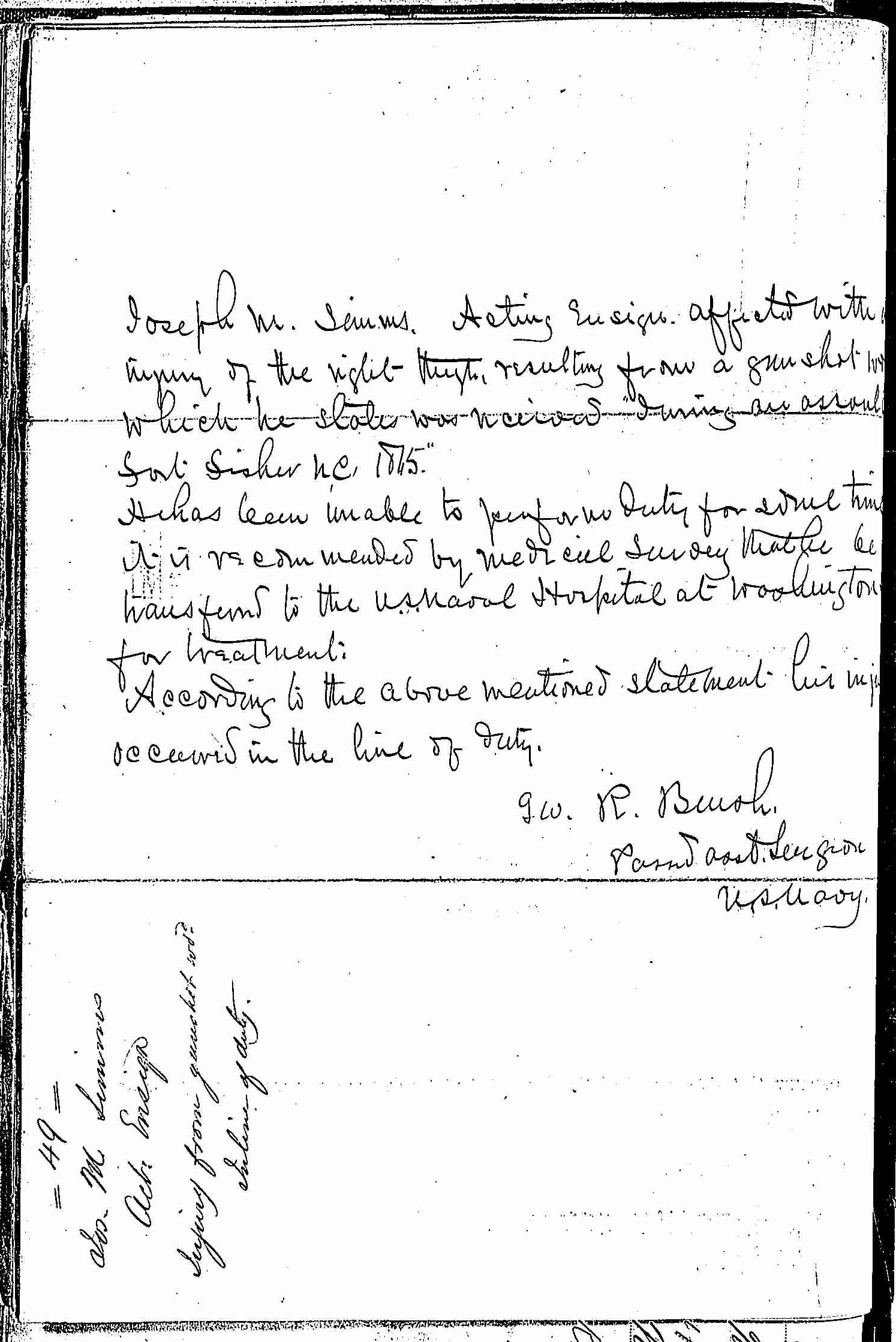 Entry for Joseph M. Simons (page 2 of 2) in the log Hospital Tickets and Case Papers - Naval Hospital - Washington, D.C. - 1865-68