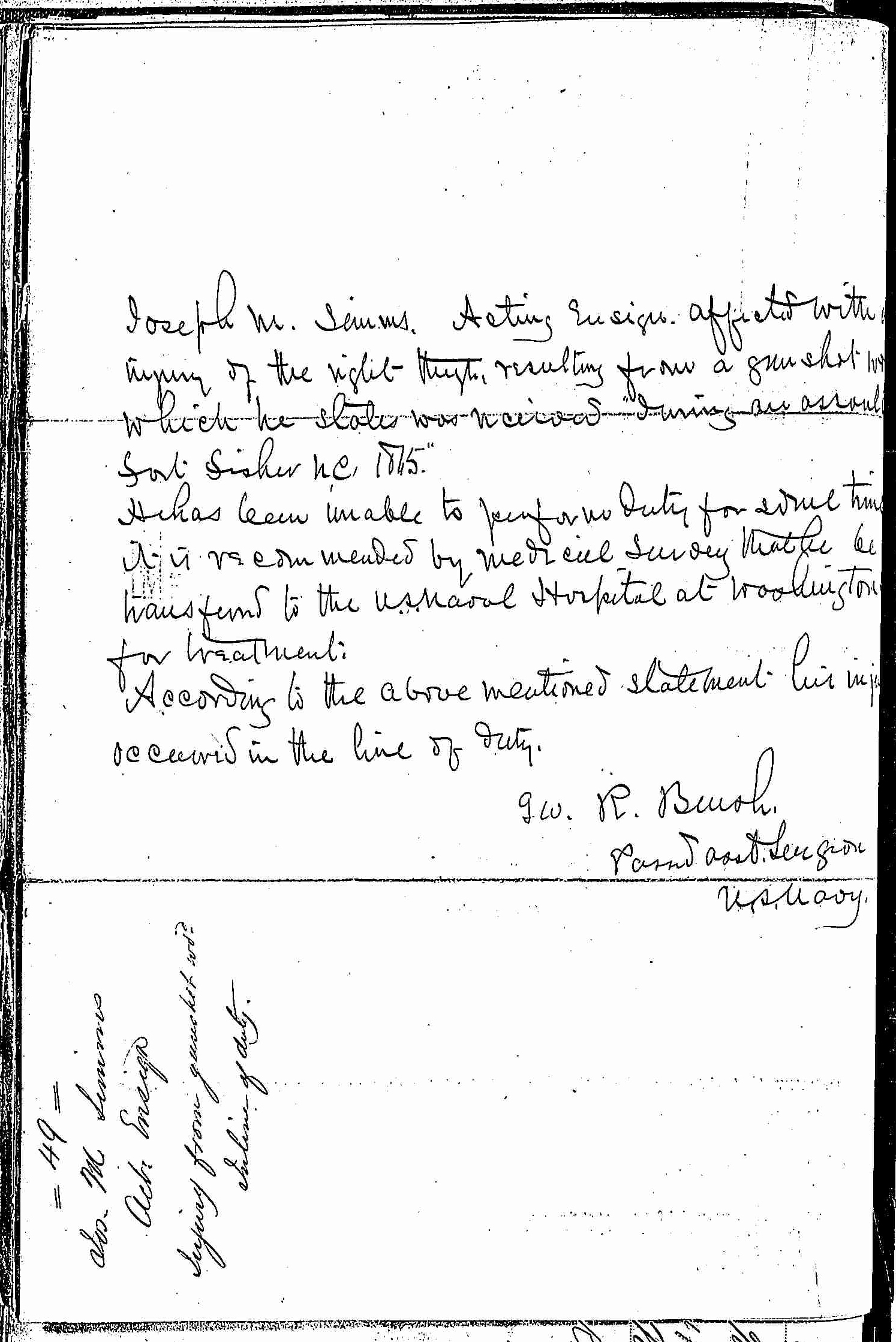 Entry for Joseph M. Simons (page 2 of 2) in the log Hospital Tickets and Case Papers - Naval Hospital - Washington, D.C. - 1865-68