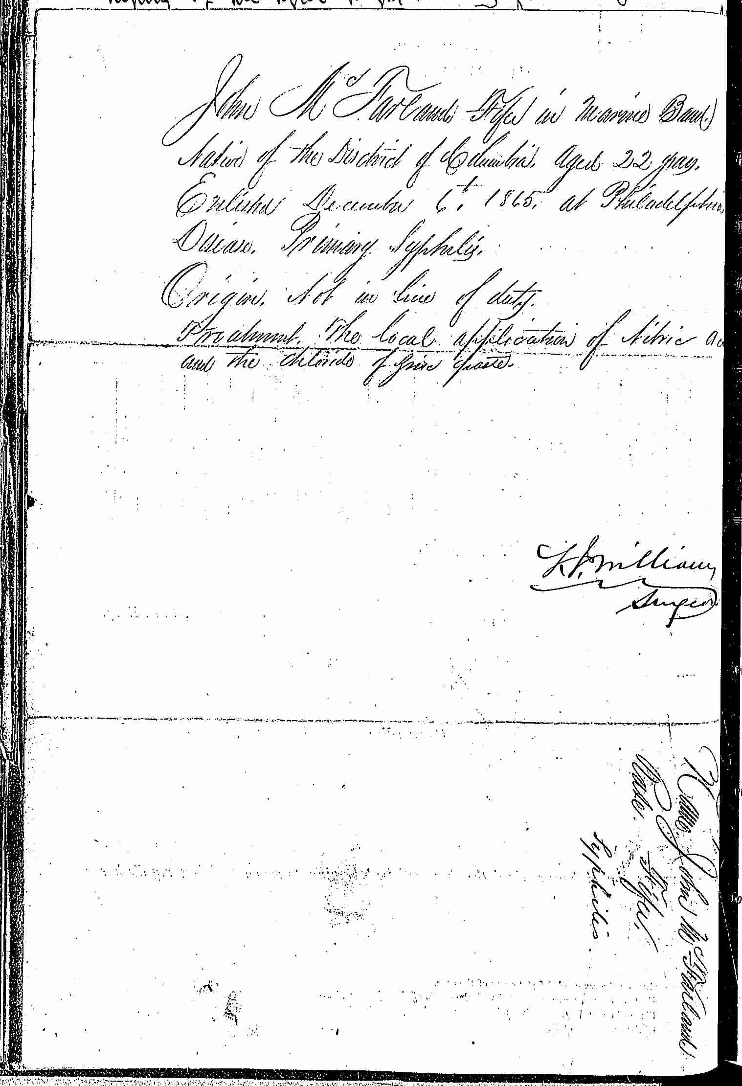 Entry for John McFarland (page 2 of 2) in the log Hospital Tickets and Case Papers - Naval Hospital - Washington, D.C. - 1865-68