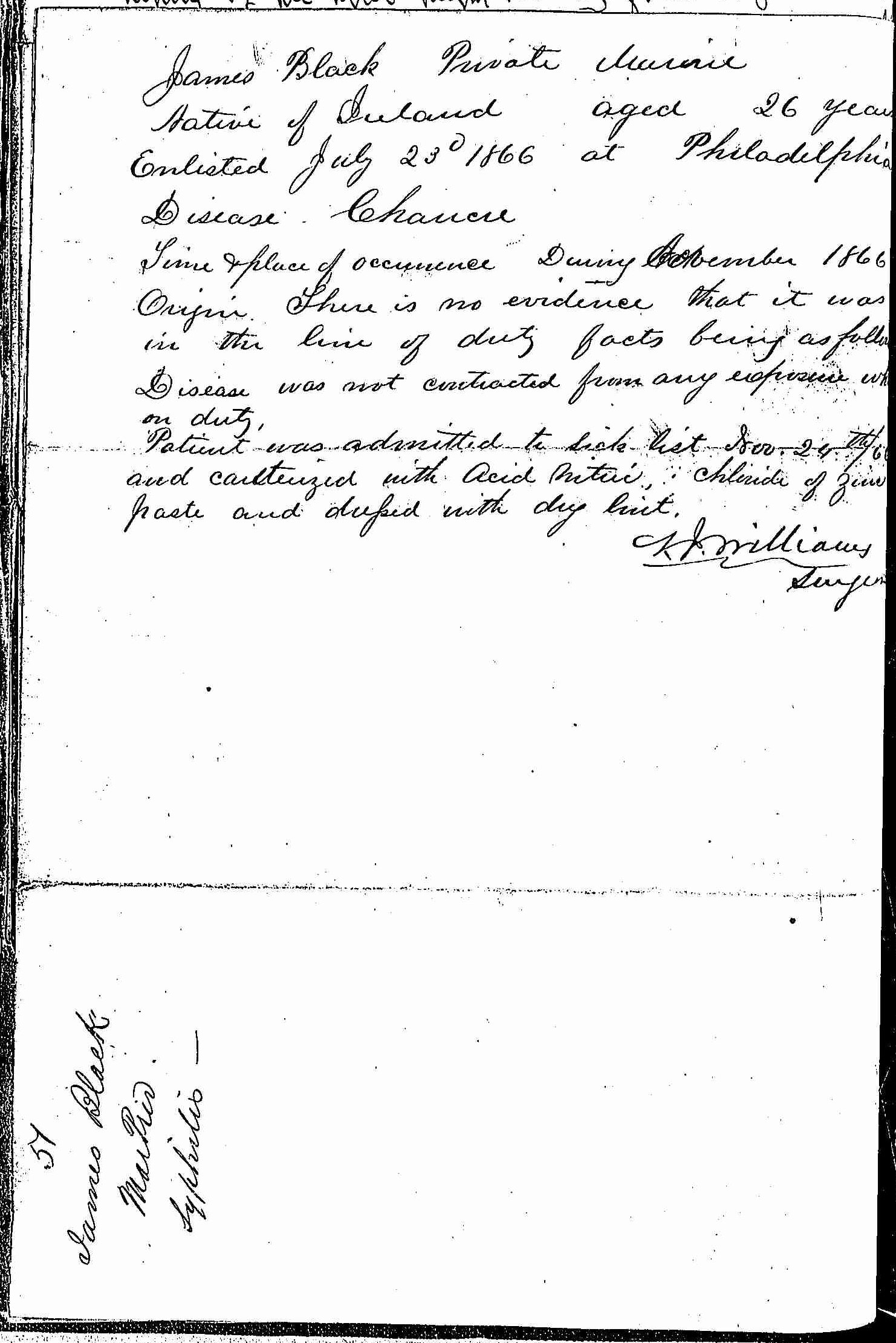 Entry for James Black (page 2 of 2) in the log Hospital Tickets and Case Papers - Naval Hospital - Washington, D.C. - 1865-68